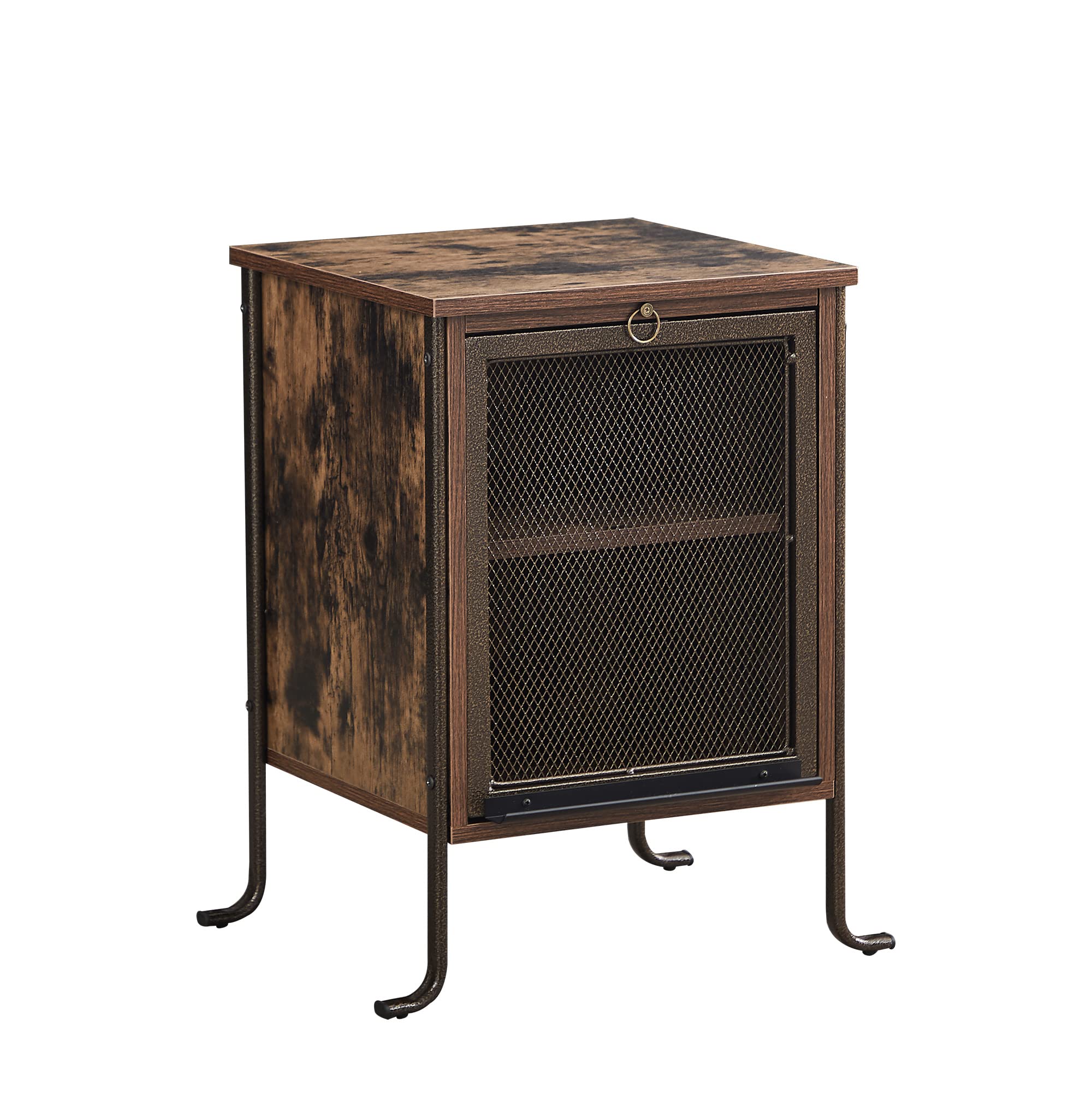 VECELO Rustic Brown Side Table with Pull-Out Tray & 2-Tier Storage Shelf - Compact End Table for Small Spaces, Bedroom Nightstand or Chairside Table - Sturdy Steel Frame for Living Room, Office & Dorm Use
