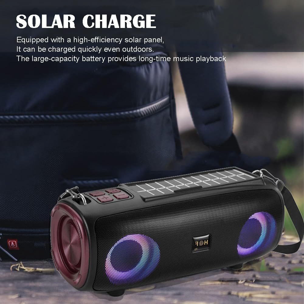 Solar Bluetooth Speaker with LED Marquee - Portable Wireless Outdoor Speaker with Solar Charging, FM Radio, Waterproof Design for Camping, Beach, Travel, Parties & Home Use (Black)