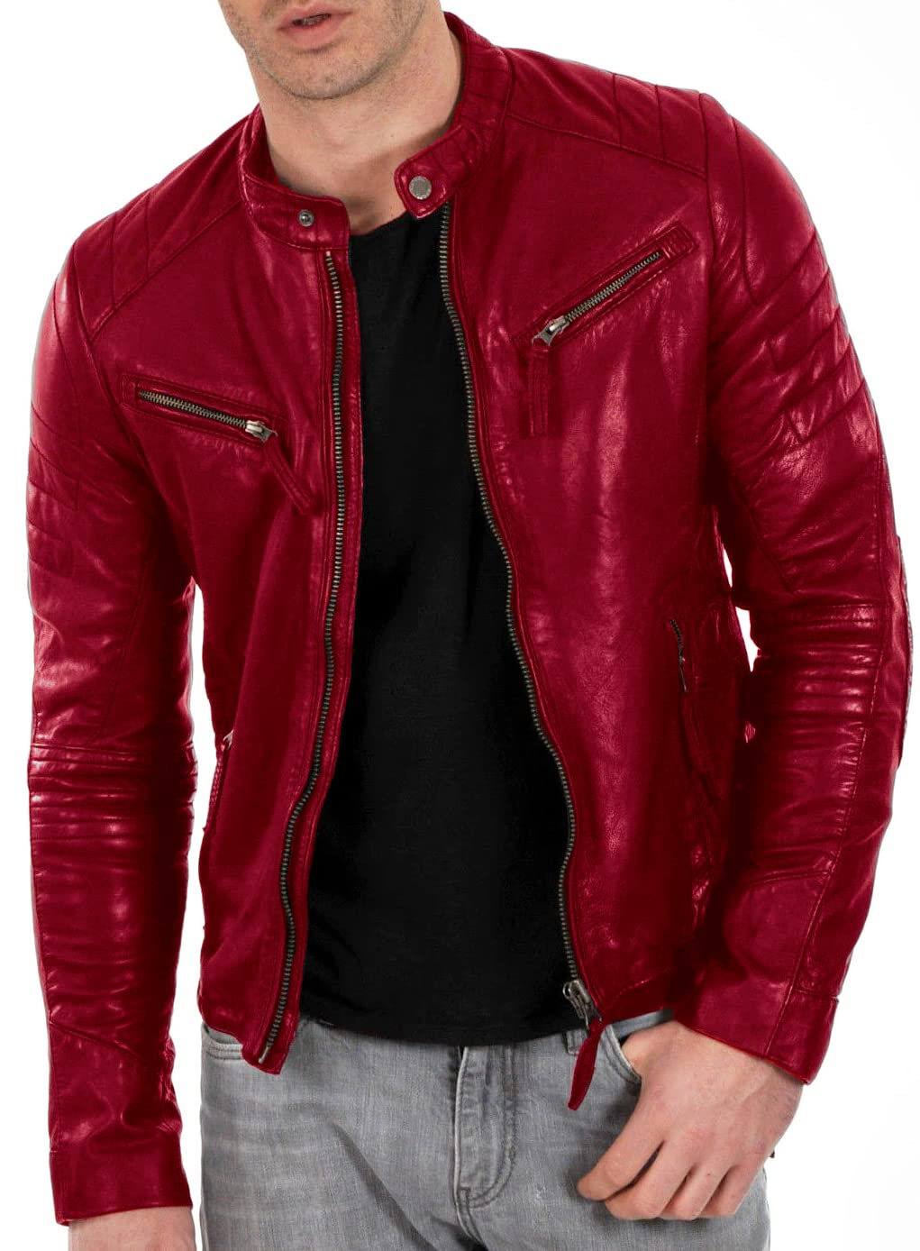 DECIMAL Men's Black & Brown Genuine Lambskin Leather Biker Jacket - Vintage Real Motorcycle Jacket for Men - Perfect for Riding, Casual Wear & Outdoor Adventures