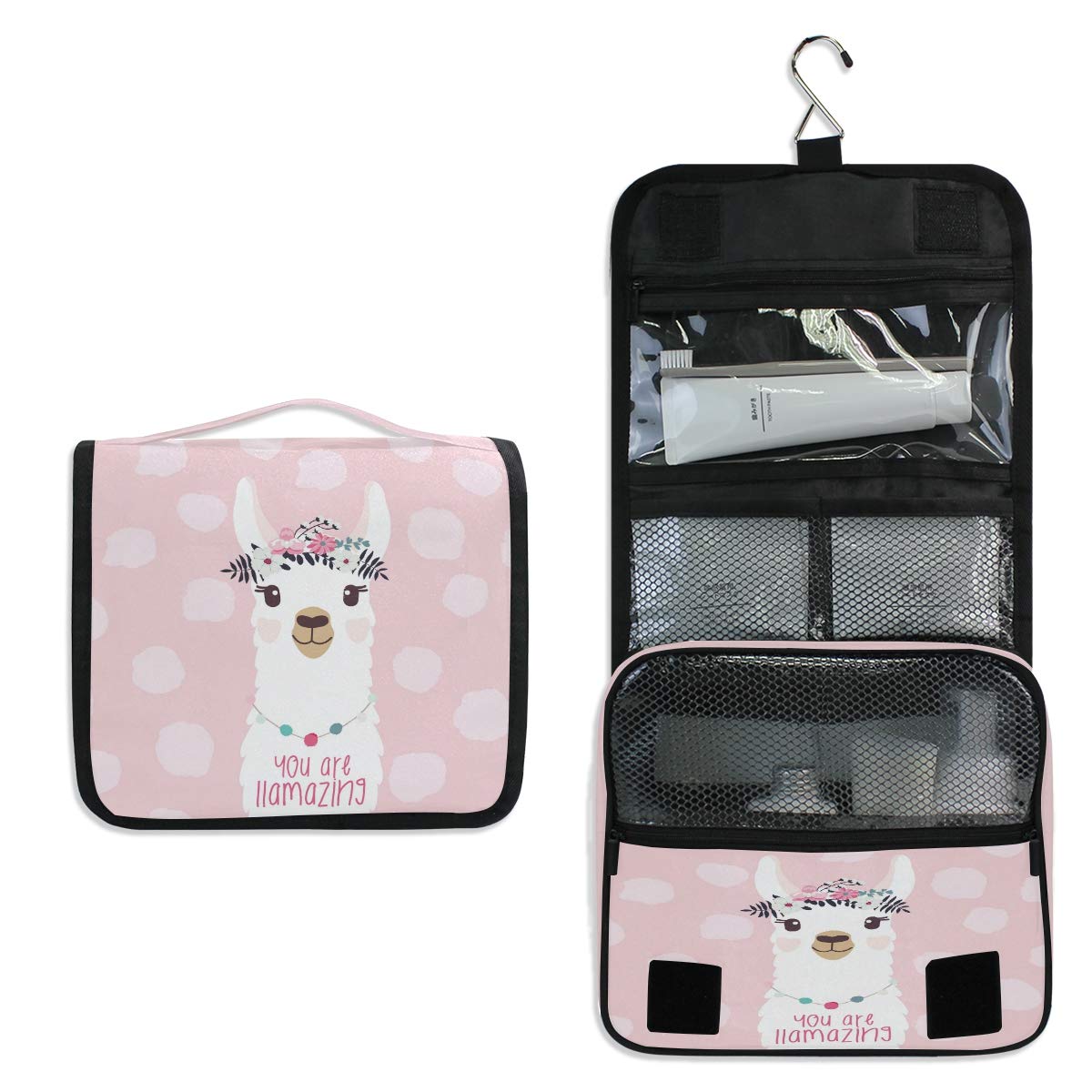 Cute Pink Llama Alpaca Flower Hanging Toiletry Bag for Women & Men - Portable Travel Cosmetic Organizer with Hook - Perfect for Bathroom, Makeup Storage & Vacation Essentials