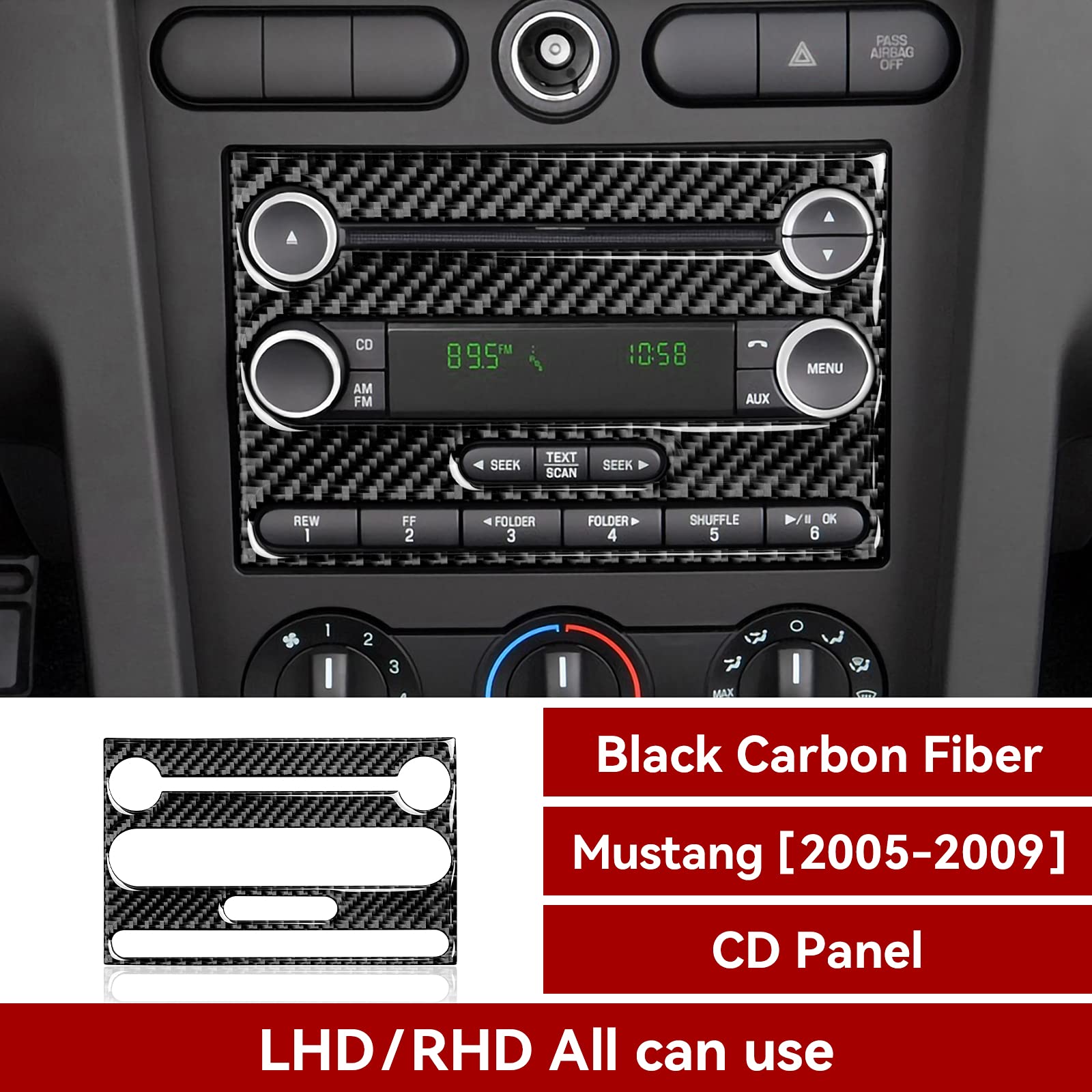 Premium Carbon Fiber Center Console CD Panel Sticker Cover for 2005-2009 Ford Mustang | Interior Trim Accessories | Perfect for Car Customization & Protection