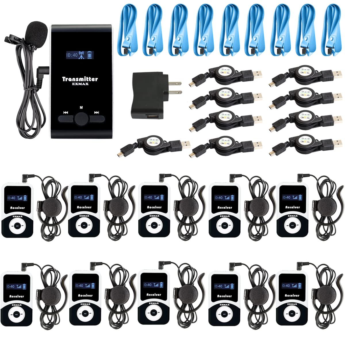 EXMAX EX-100 Wireless Tour Guide System - 1 Transmitter & 10 Receivers with Microphone & Headset for Church, Translation, Teaching, Conference & Travel - Perfect for Simultaneous Interpretation, Silent Events & Live Broadcasting