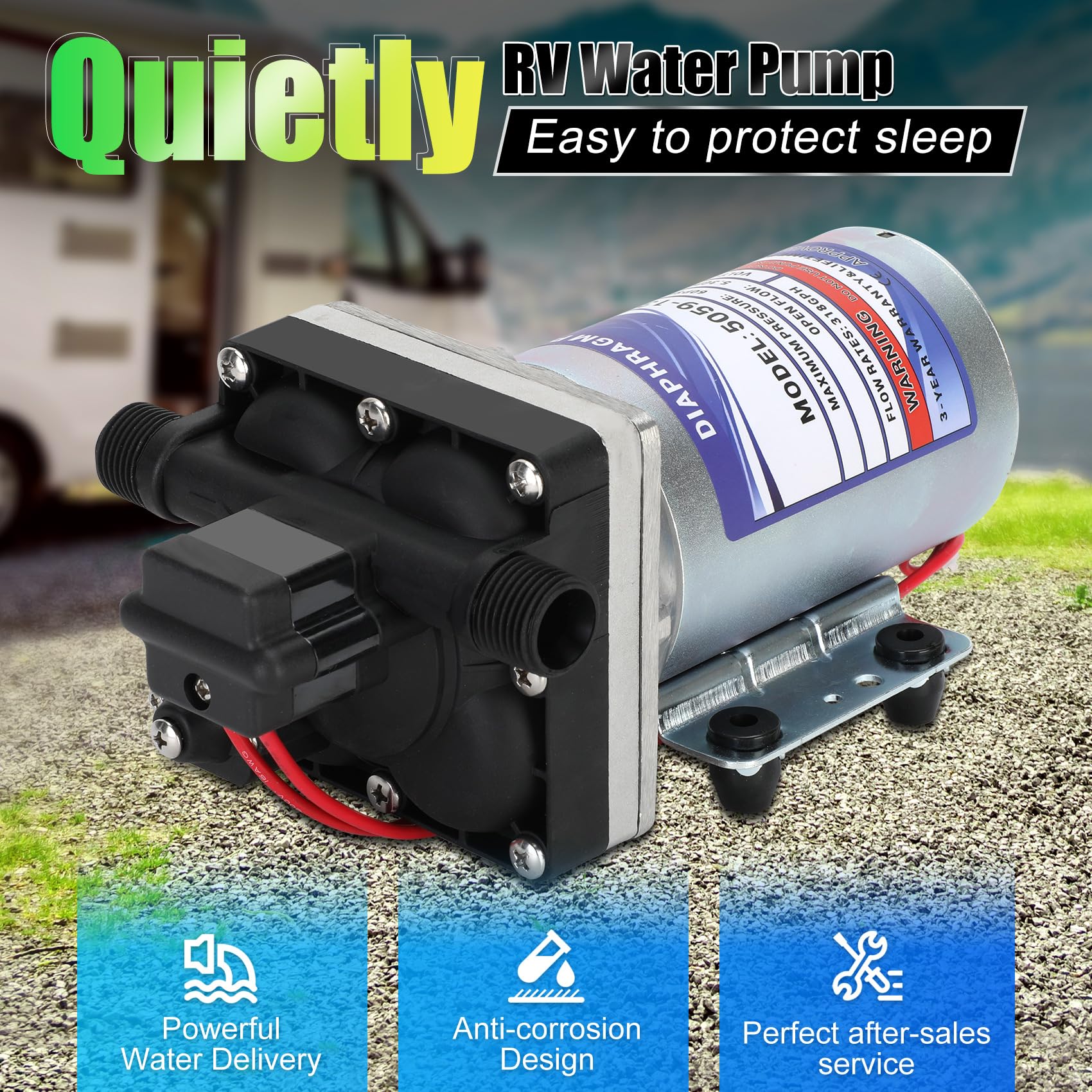 5.3 GPM Automatic Demand 12VDC Diaphragm Pump with 60 PSI Pressure Switch - Viton Valves, Self-Priming, 1/2