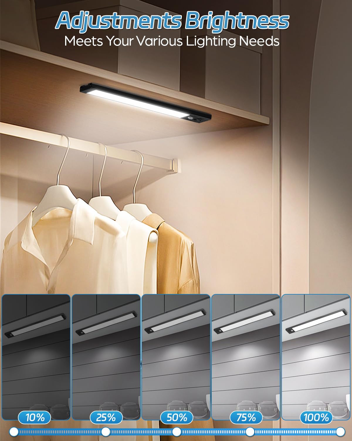 HIBOITEC Wireless Rechargeable Motion Sensor Closet Light - 50 LED Dimmable Under Cabinet Lighting for Kitchen, Laundry, Pantry - Cool White Magnetic Night Light (2 Pack, 10 Inch) - Perfect for Dark Spaces, Wardrobes & Home Storage Areas