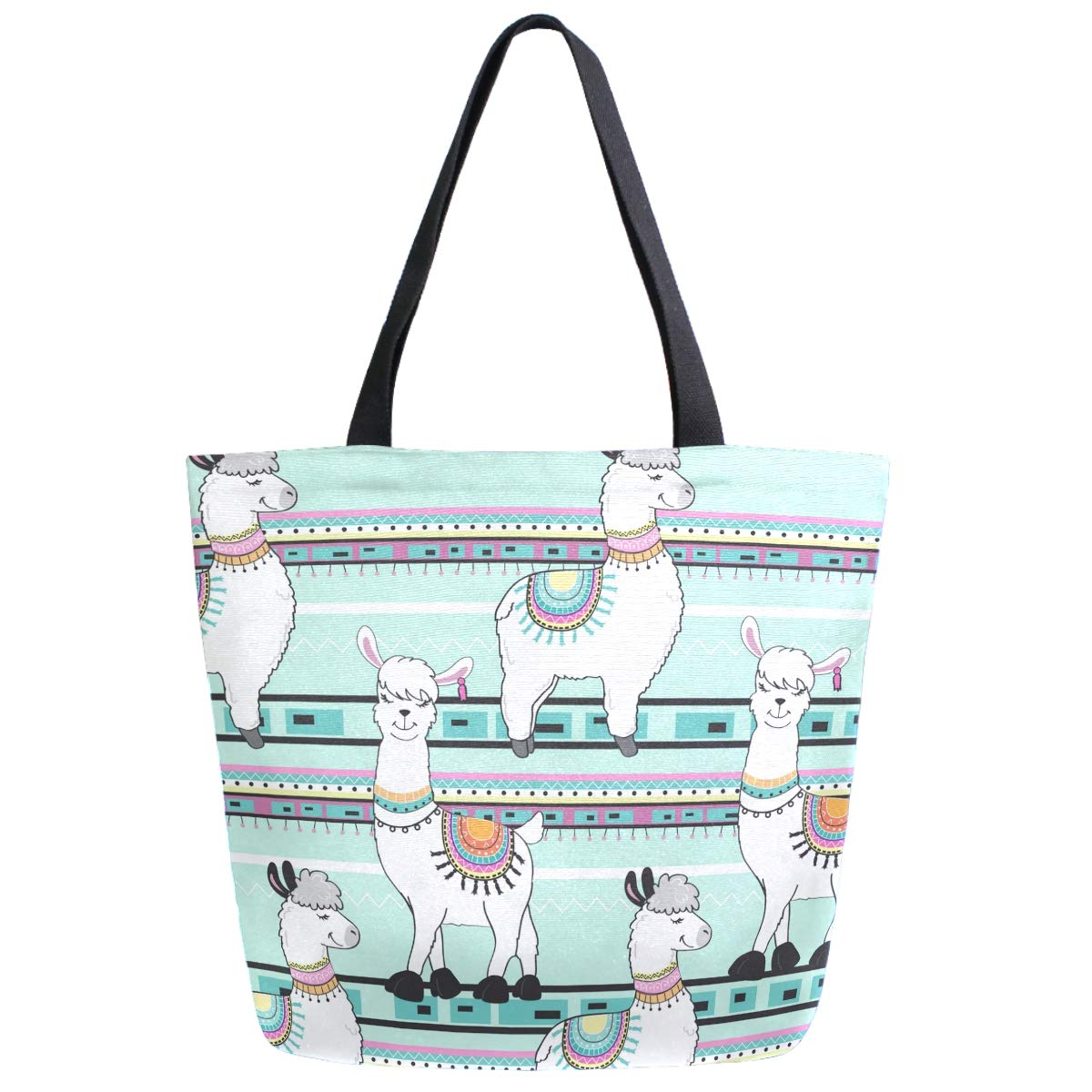 Stylish Cartoon Llama Striped Large Canvas Tote Bag - Reusable Grocery Shopping Bag for Gym, Beach, Travel & Daily Use | Durable Portable Storage Handbag for Women & Men