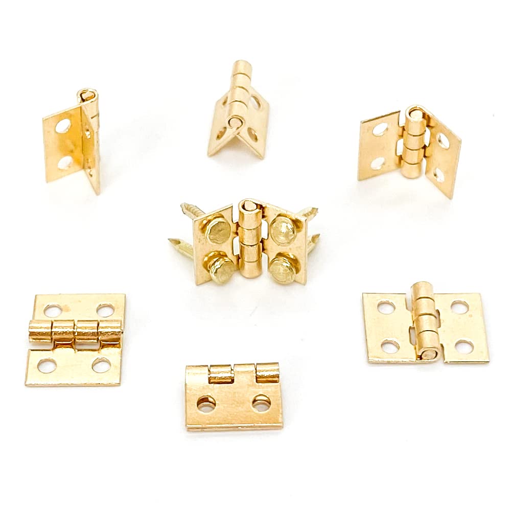 100Pcs Mini Brass Hinges 10x8mm - Tiny Gold Hinges for Miniature Furniture, Wooden Jewelry Box, Dollhouse Cabinet & DIY Crafts - 180 Degree Rotation with Mounting Nails - Perfect for Small Woodworking Projects, Model Making and Home Decor Accessories