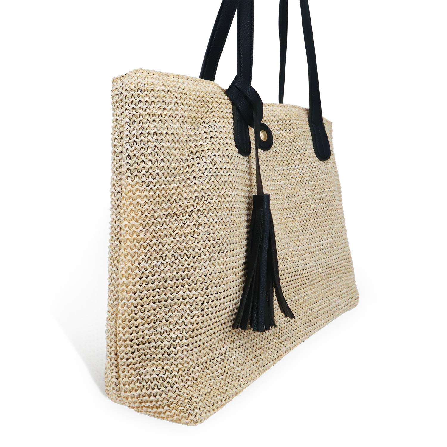 Women's Handwoven Straw Beach Tote Bag - Large Summer Leather Shoulder Bag with Tassel Decor | Perfect for Vacation, Poolside, and Outdoor Adventures
