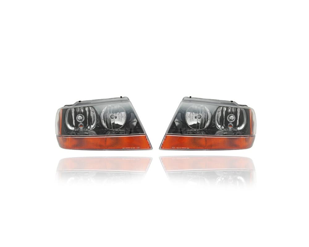 Jeep Grand Cherokee Headlight Assembly - Replacement for 1999-2004 Models (Laredo/Sport) - Black Bezel with Amber Signal Lamp - Driver & Passenger Side Set (5103400AA, 5103401AA) - Perfect for Off-Roading, Night Driving & Vehicle Restoration