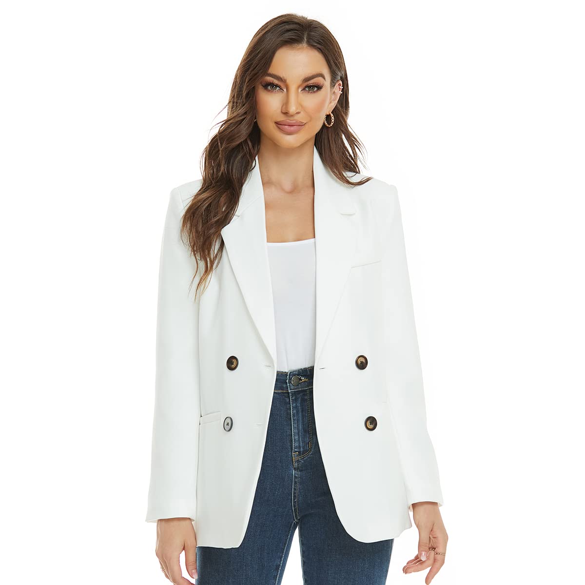 MODFUL Women's Double-Breasted Solid Color Lapel Blazer - Classic Business Casual Jacket for Office Work, Meetings & Professional Outfits