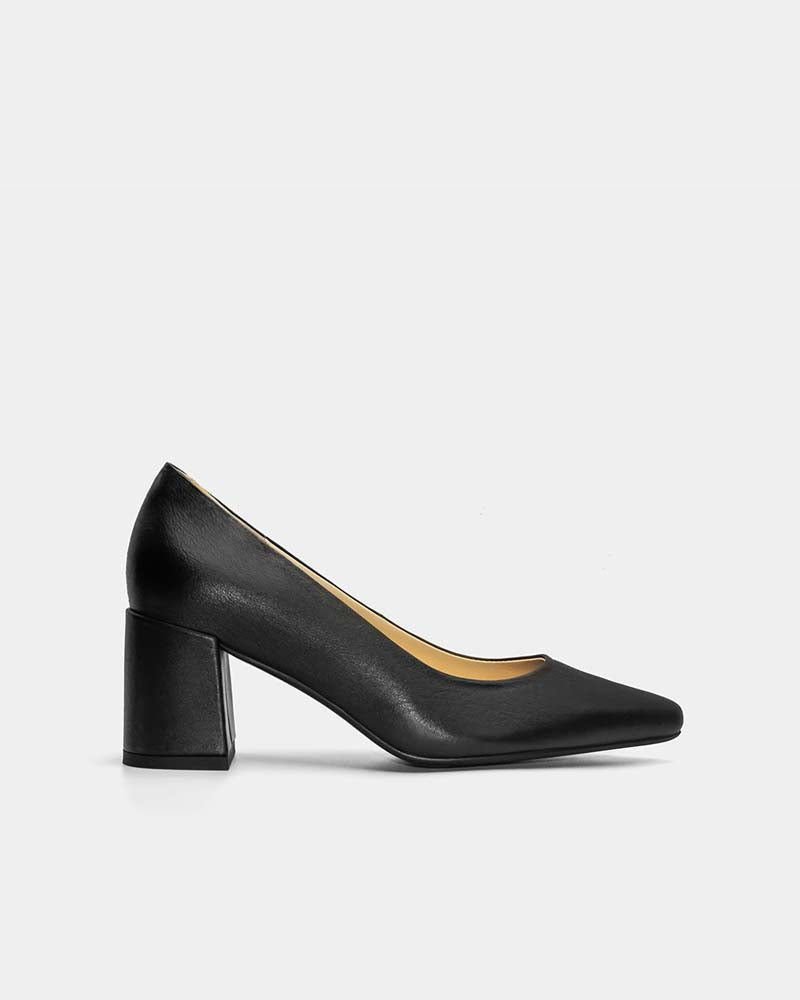 Black Leather Block Heel Pumps for Women - Comfortable Office & Party Shoes - Stylish Pointed Toe High Heels for Work, Wedding, and Evening Events