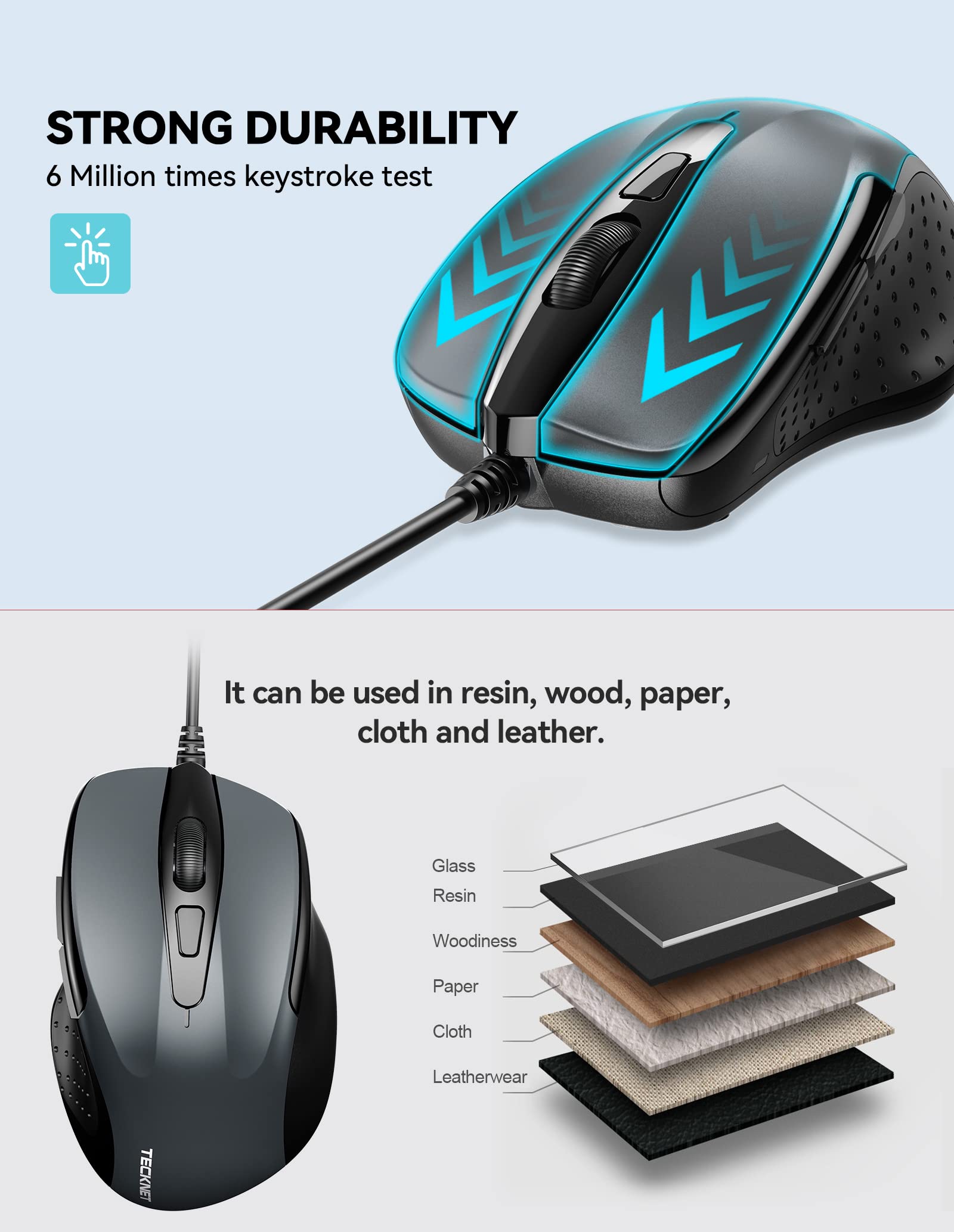 TECKNET Ergonomic USB Wired Mouse - 6 Button Corded Computer Mouse with 4 Adjustable DPI (800/1200/1600/2400), 5FT Long Cable for PC, Laptop, Mac, Chromebook - Perfect for Office Work, Gaming & Home Use (Gray)
