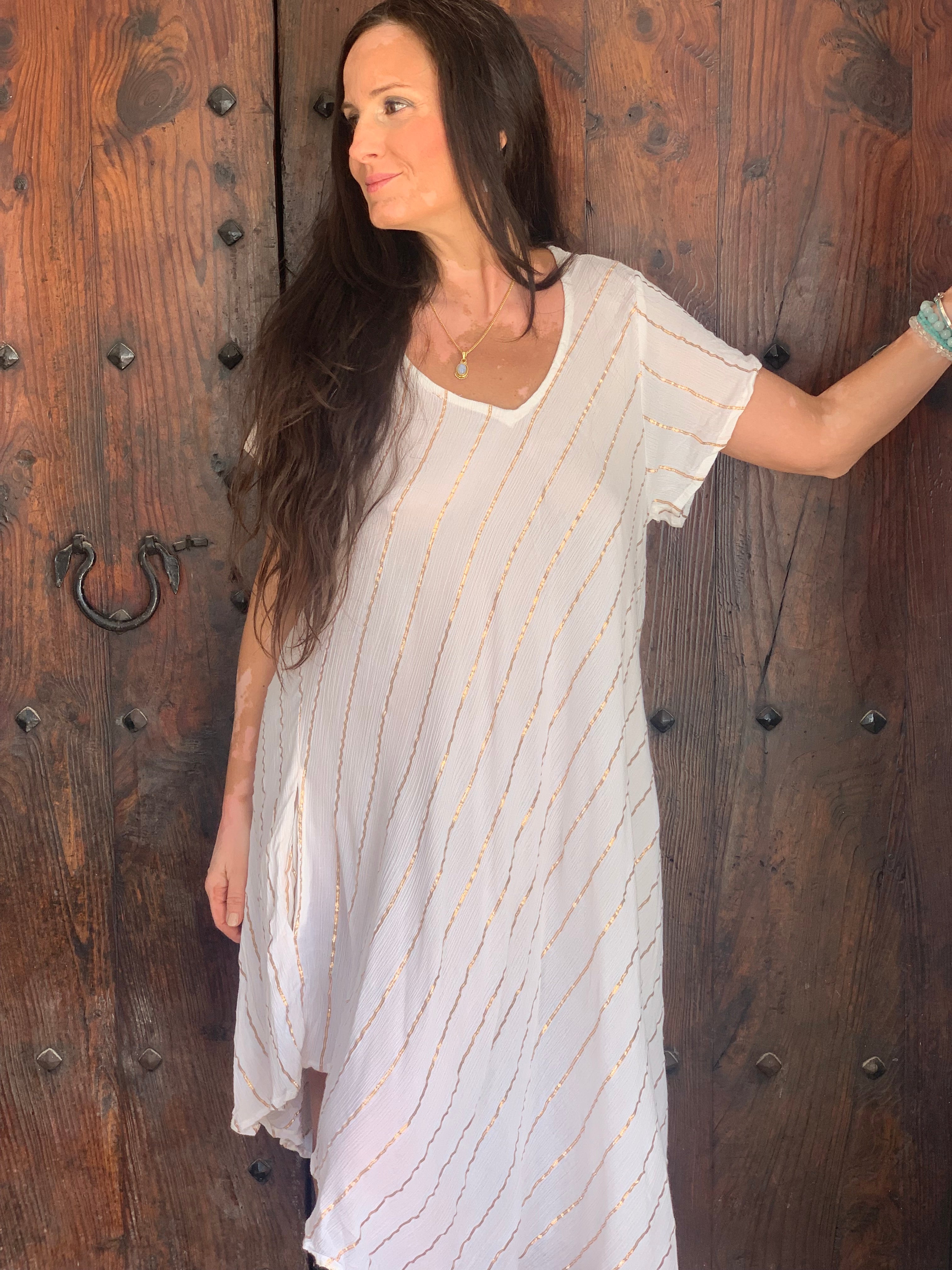 Elegant V-Neck Half Sleeve Lurex Dress in White - Perfect for Casual Outings, Summer Parties & Office Wear