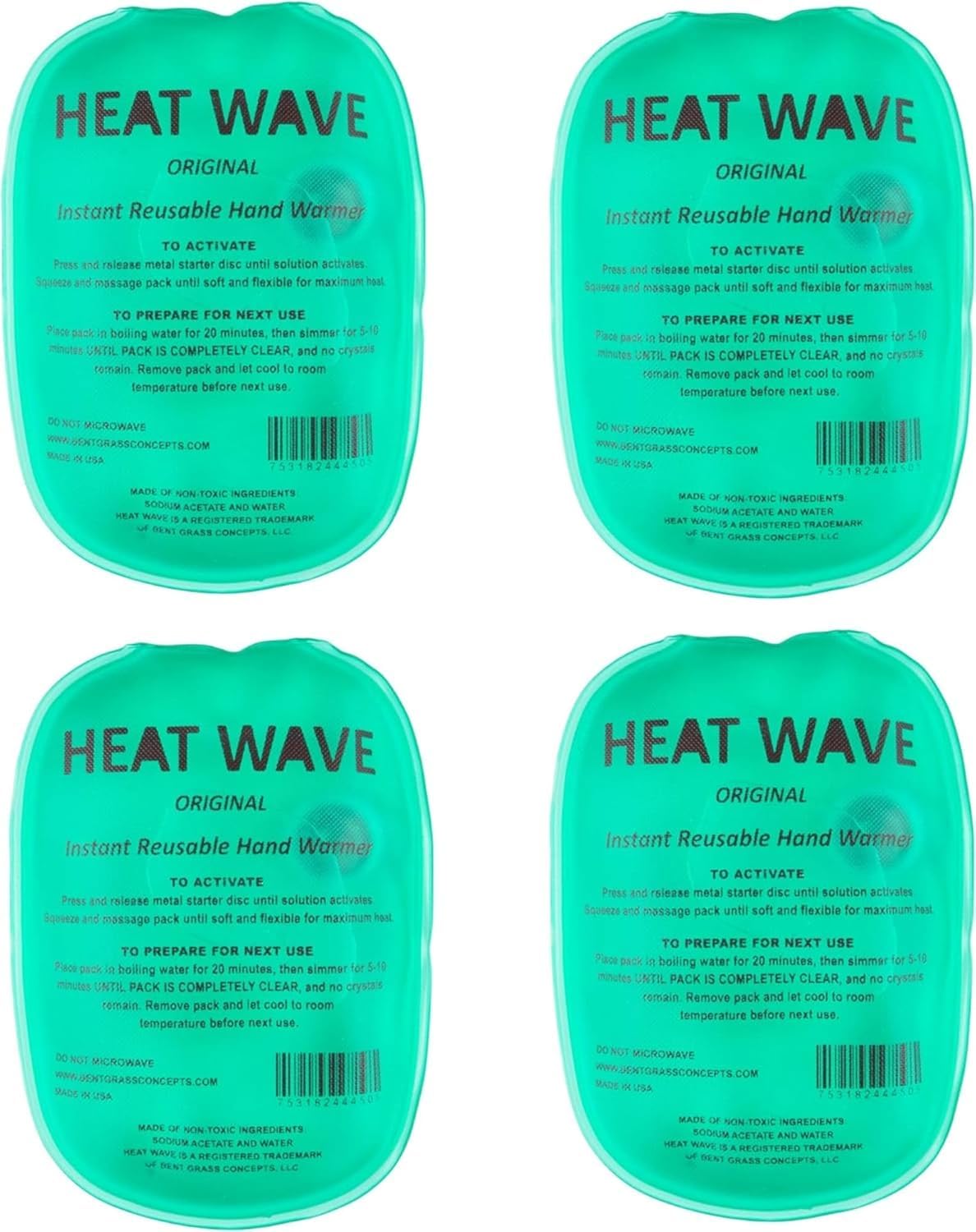 Instant Heat Hand Warmer 3x5 Reusable - Small Green (4 Pack) for Outdoor Activities, Skiing, Hunting & Winter Sports