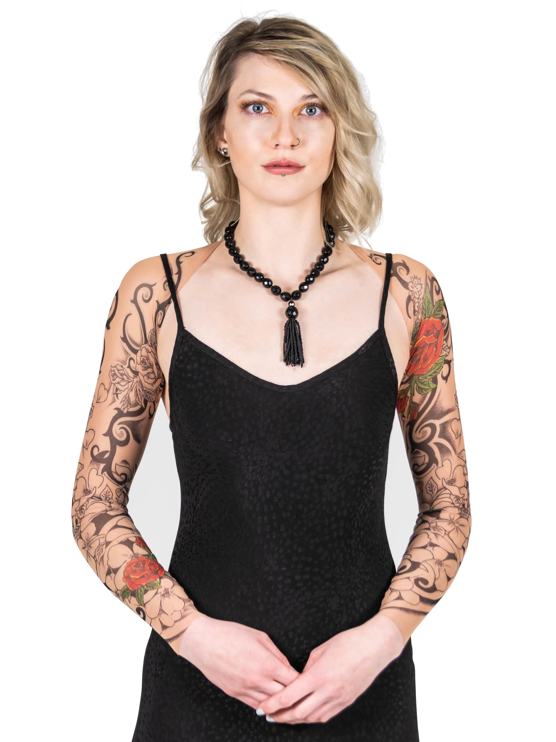 Wild Rose Tattoo Sleeve Shrug for Women - Flamenco Red Rose Mesh Arm Cover - Perfect for Dance Performances, Costume Parties & Gothic Fashion