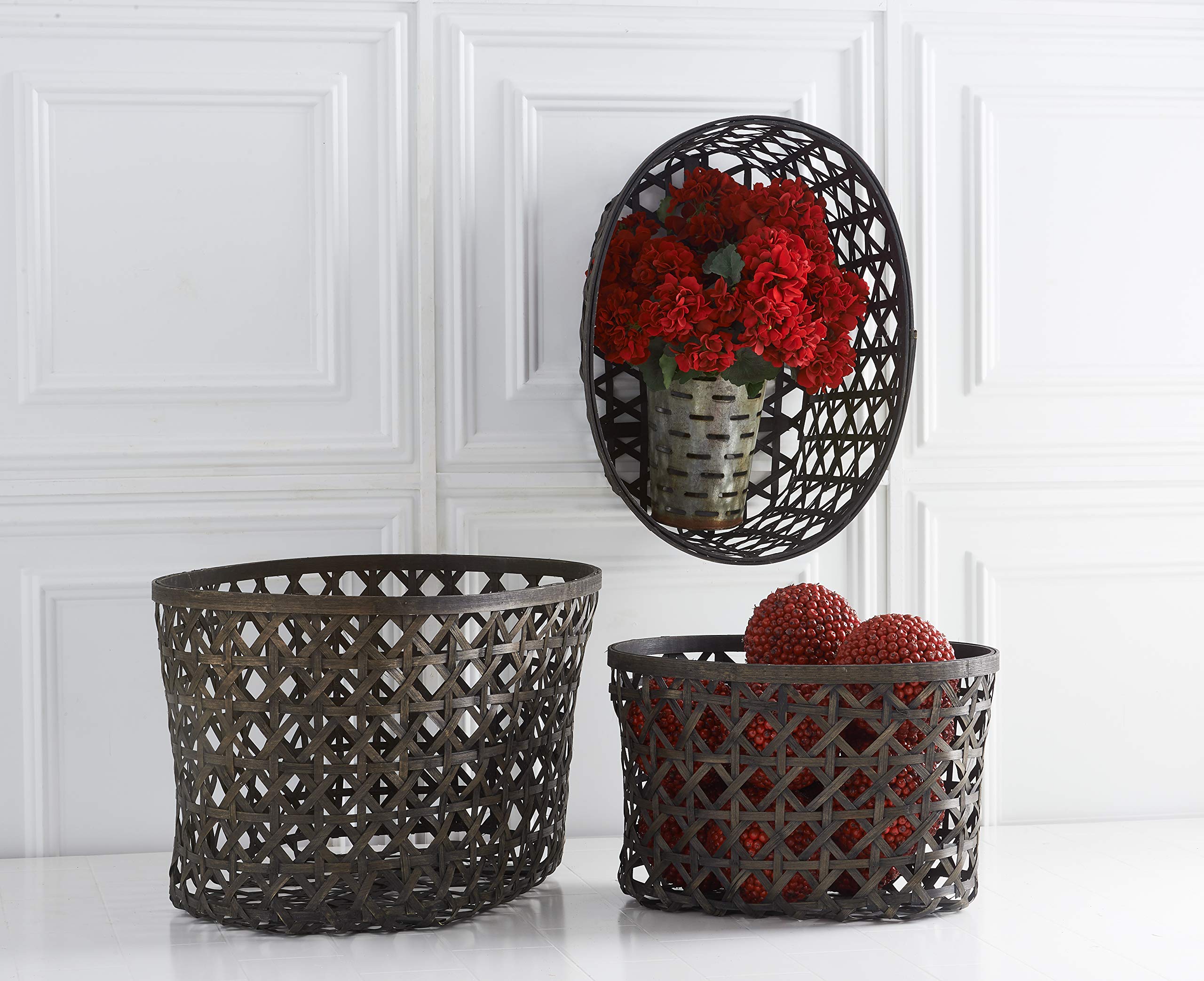 K&K Interiors Set of 3 Open Weave Bamboo Oval Nesting Baskets - Small Medium Large Sizes for Home Organization, Bathroom Storage & Farmhouse Decor