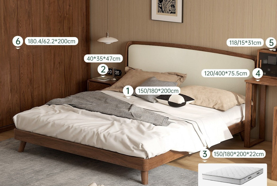 Premium Black Walnut Solid Wood Leather Bed Frame - Luxury Bedroom Furniture Set for Master Bedroom & Guest Room Decor
