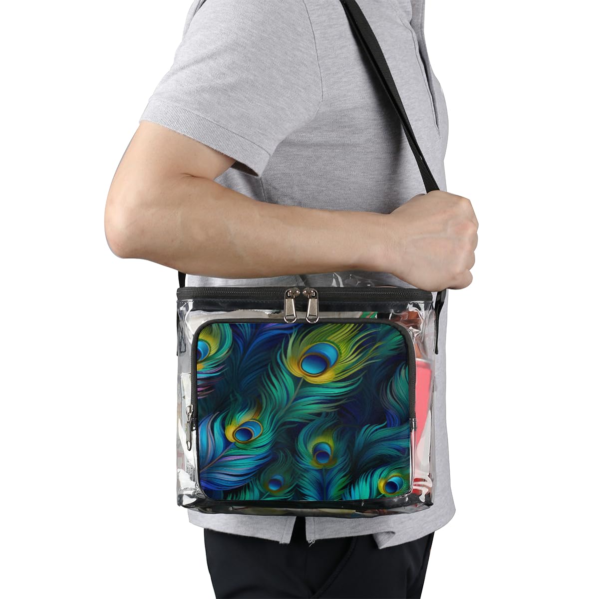 GzLeyigou Peacock Feather Clear Tote Bag with Handles - Transparent Crossbody Shoulder Bag for Lunch, Travel & Outdoor Activities | Perfect for Concerts, Picnics, Sports Events & Stadium Approved | Multi-Purpose Fashion Accessory for Women & Girls