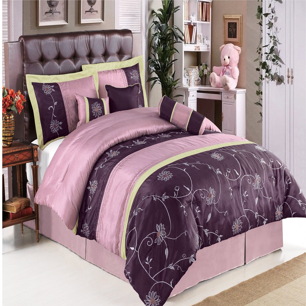 Luxury 11-Piece Queen Size Comforter Set - Grand Park Purple Bedding with Comforter, Bed Skirt, Pillow Shams, Cushion, Breakfast Pillow, Neck Roll & Bonus 100% Microfiber Sheet Set (Violet, Lavender, Champagne) - Perfect for Master Bedroom, Guest Room & Hotel Decor