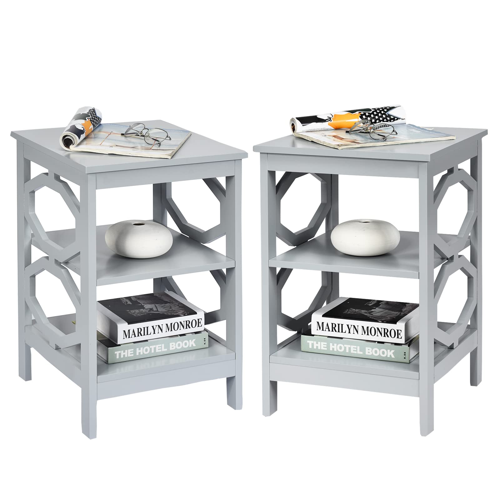 KOTEK 3-Tier Nightstand Set of 2, Wooden Side Table with Storage Shelves for Bedroom & Living Room - Sturdy Accent Table, End Table or Bedside Table - Easy Assembly (Grey) | Perfect for Small Spaces, Apartment Decor & Nightstand Organization