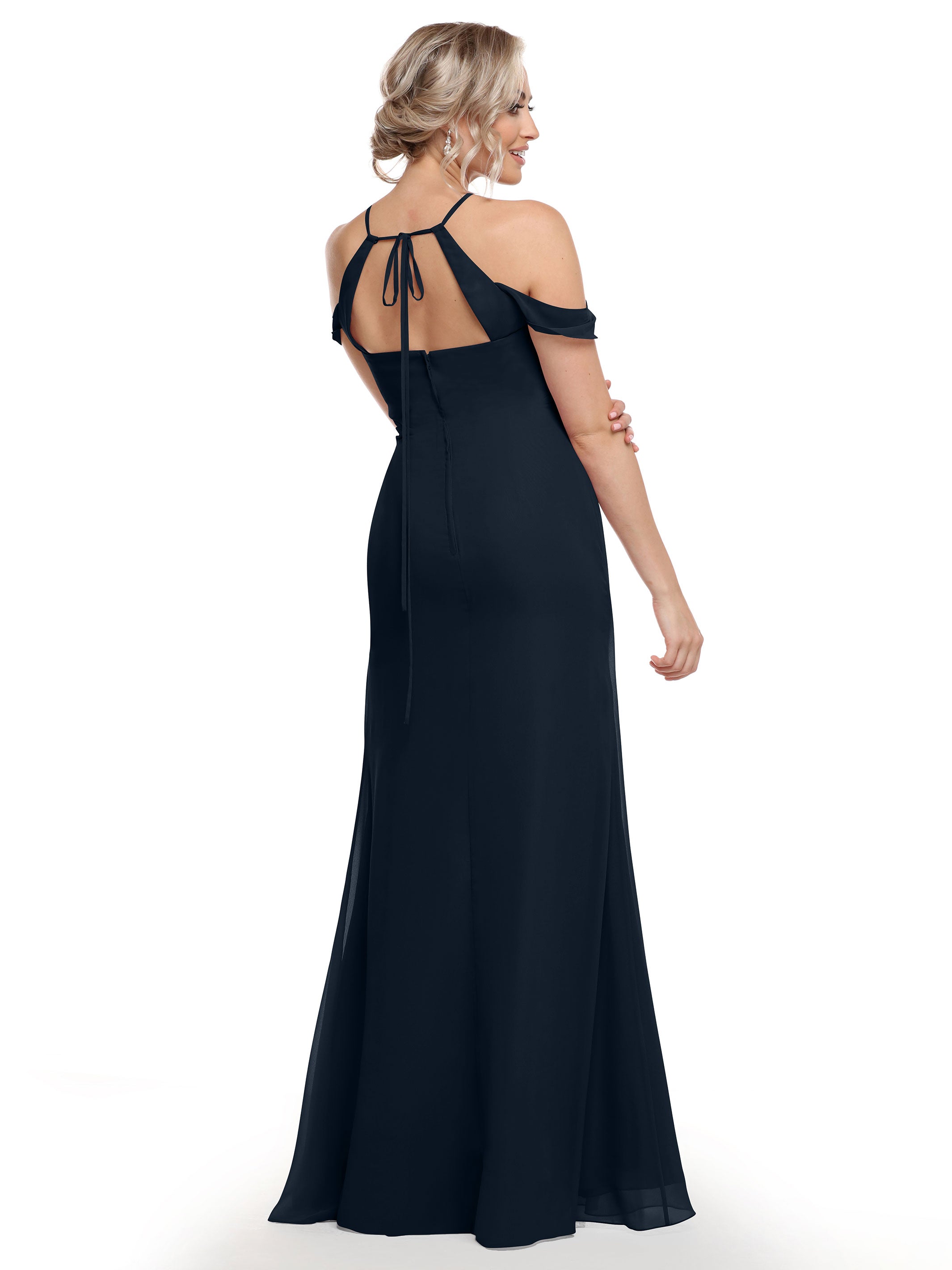 Elegant Off-The-Shoulder Chiffon Bridesmaid Dress with Halter Neckline - Perfect for Weddings, Formal Events & Special Occasions