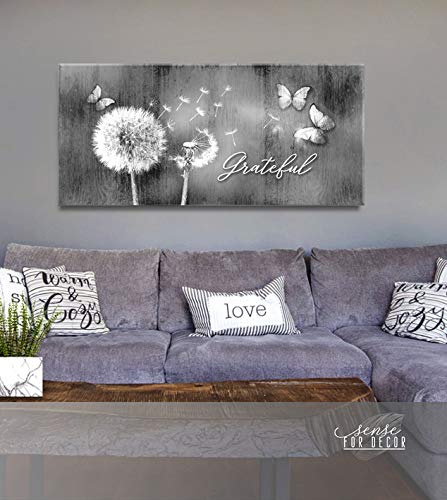 Grateful Dandelions Wall Art - Rustic Butterfly Decor for Bedroom - 60x27 Grey Canvas Painting - Perfect for Farmhouse, Boho & Living Room Wall Decor
