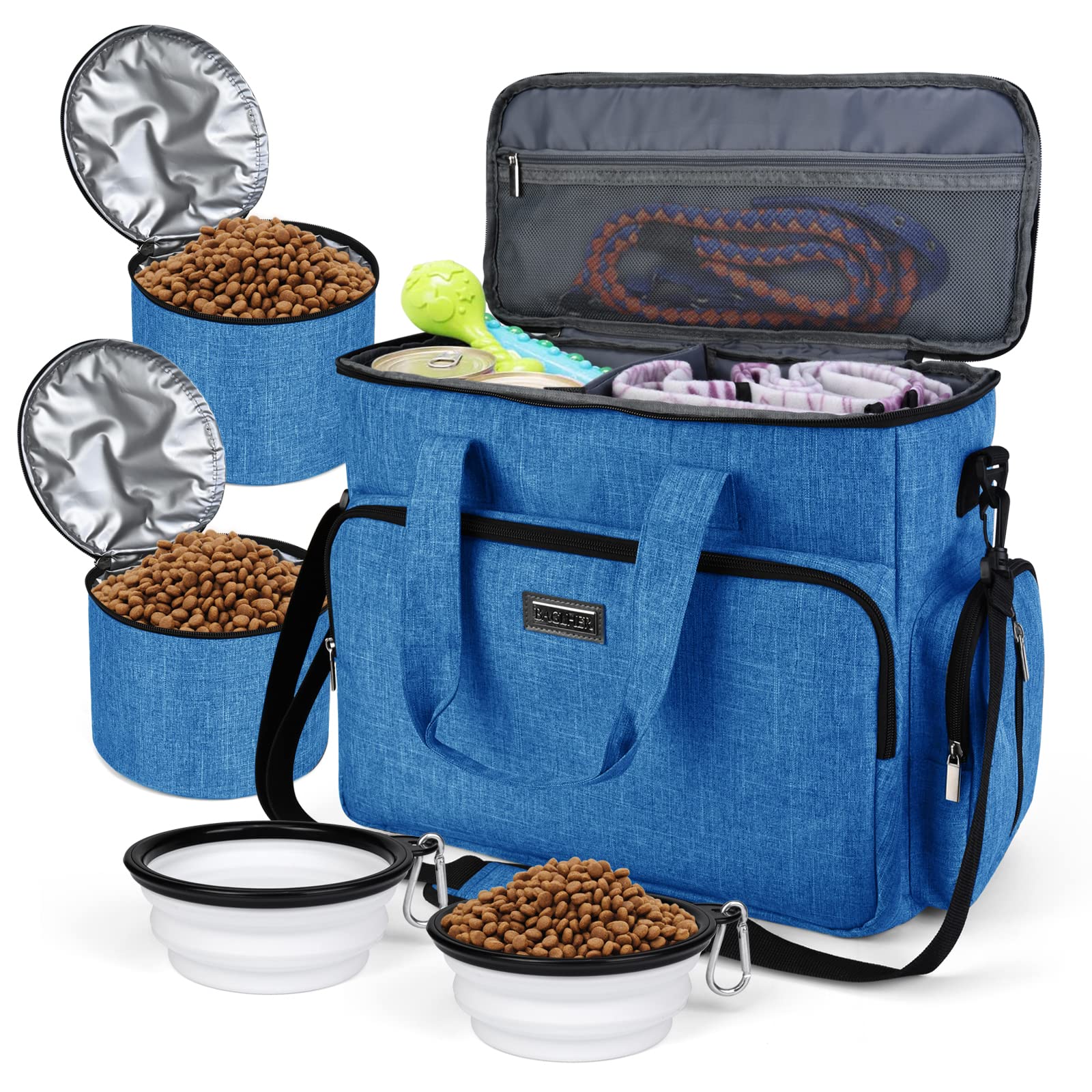 BAGLHER Dog Travel Bag - Waterproof Pet Carrier with 2 Food Containers & 2 Collapsible Bowls | Essential Pet Travel Accessories for Dogs Cats | Perfect for Airplane Car Camping Trips
