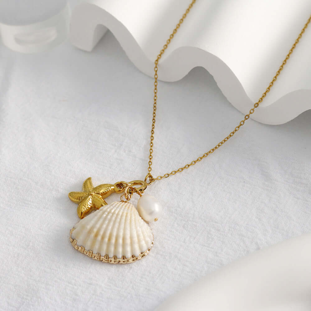 Beach Shell Coconut Girl Starfish Pendant Necklace - Boho Coastal Jewelry for Women | Perfect for Summer Vacations, Beach Weddings & Tropical Getaways | JDN031