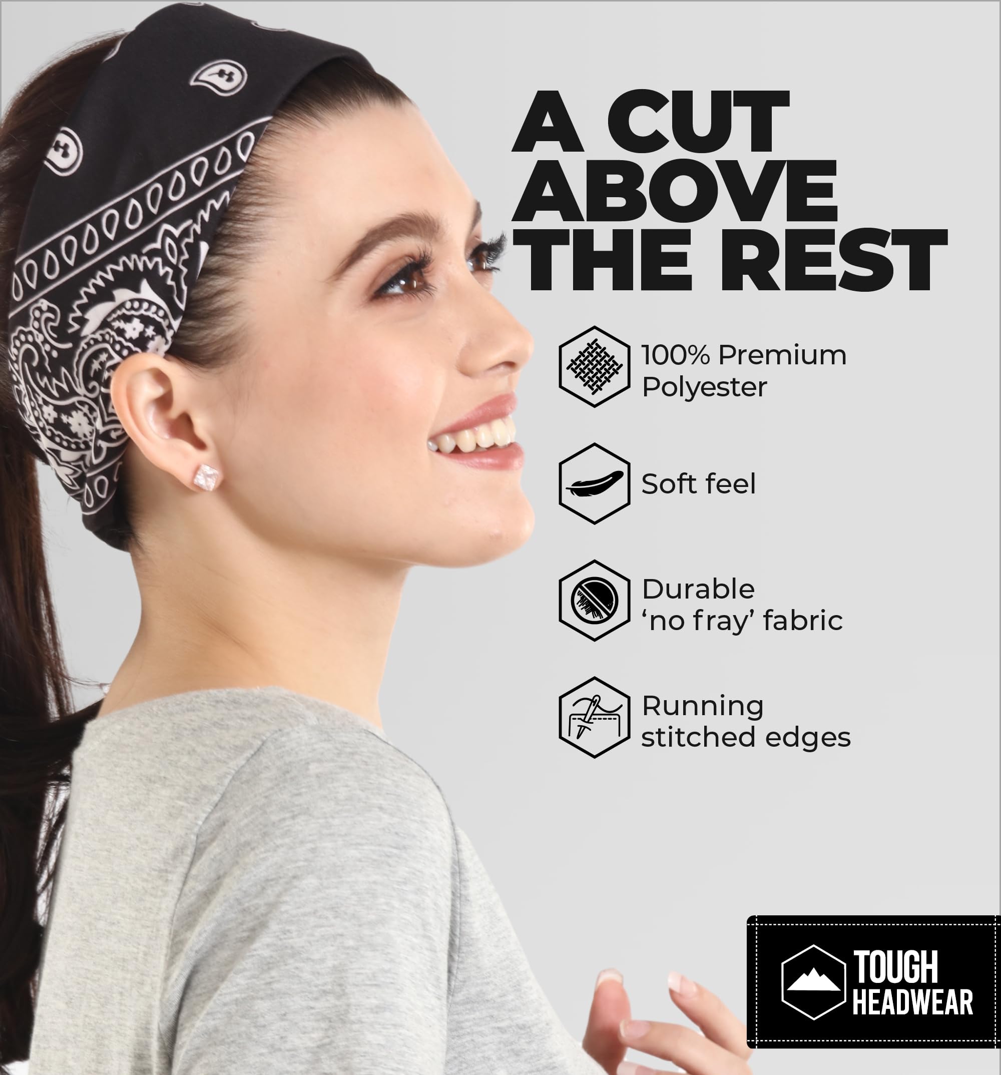Tough Headwear Large Bandana Headband for Men & Women - Paisley Print Cotton Bandana Pack - Cowboy Scarf & Handkerchief - Perfect for Outdoor Activities, Motorcycle Riding, and Western Fashion