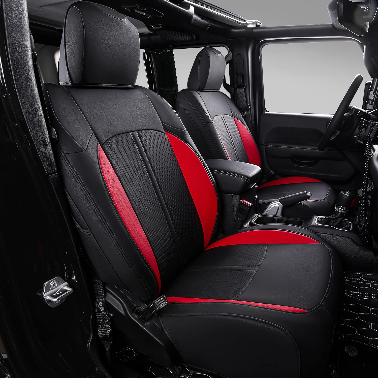 Premium PU Leather Seat Covers for 2018-2022 Jeep Wrangler JL - Front & Back Custom Fit 4-Door Car Seat Protectors (Black & Red, Includes Rear Cup Holder) | Durable Protection for Off-Road Adventures & Daily Commutes