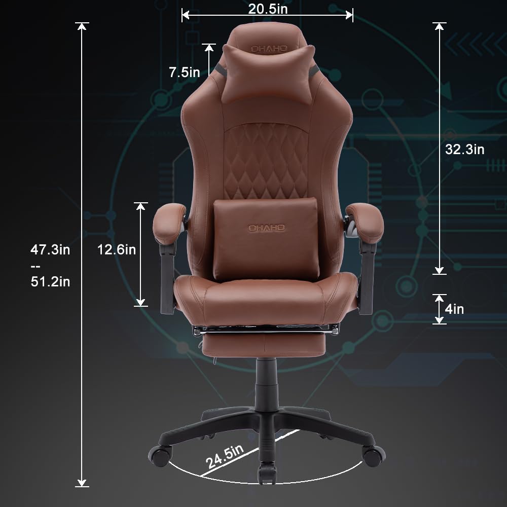 OHAHO Ergonomic Gaming Chair with Adjustable Footrest & Lumbar Support - 360° Swivel Height-Adjustable Office Chair with Headrest for PC Gaming & Home Office Work (Tan) - Perfect for Esports, Streaming & Long Work Sessions