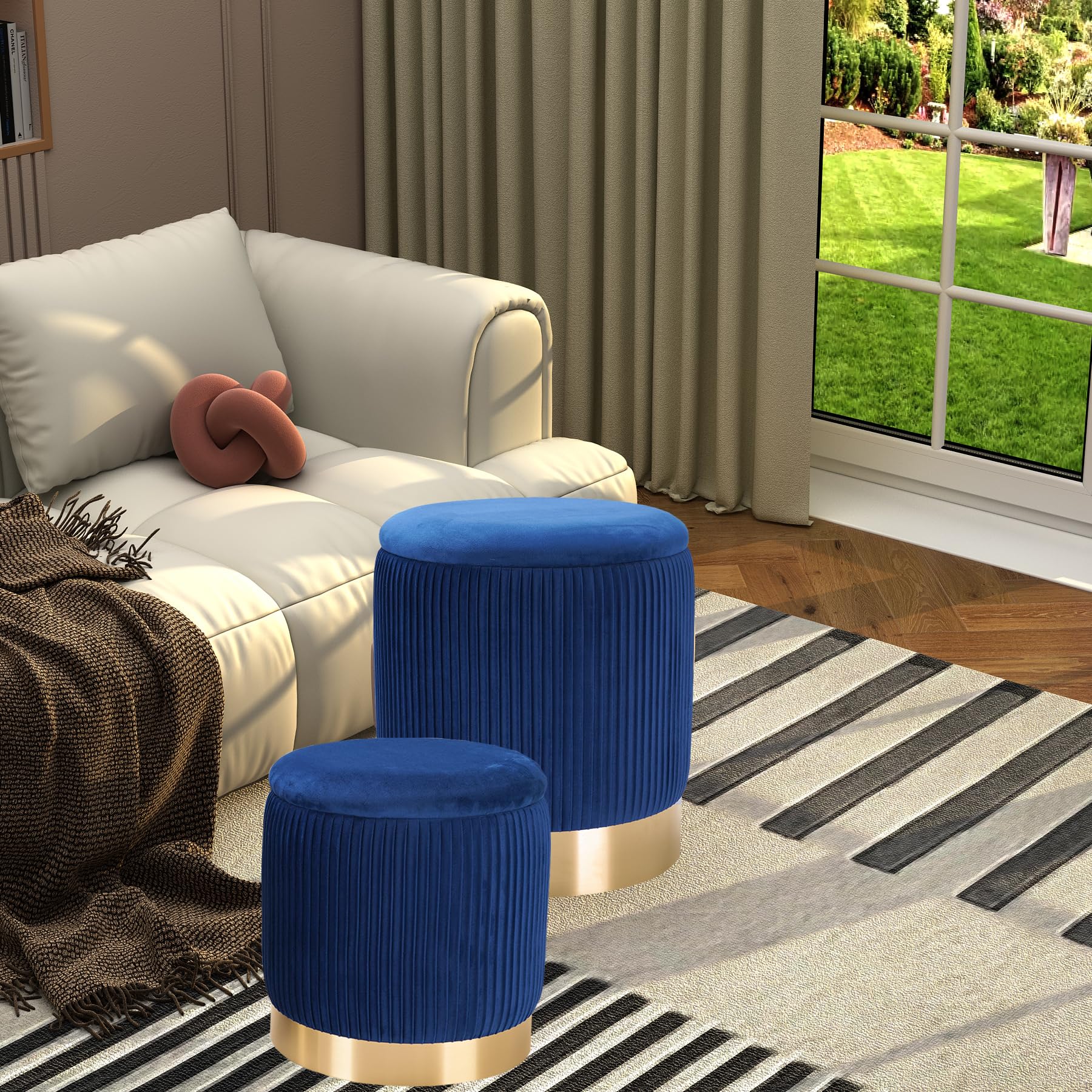 Blue Velvet Round Storage Ottoman Set of 2 - Gold Accent Ottoman Chairs for Living Room & Bedroom | Modern Footrest with Hidden Storage | Perfect for Small Spaces, Home Decor & Extra Seating