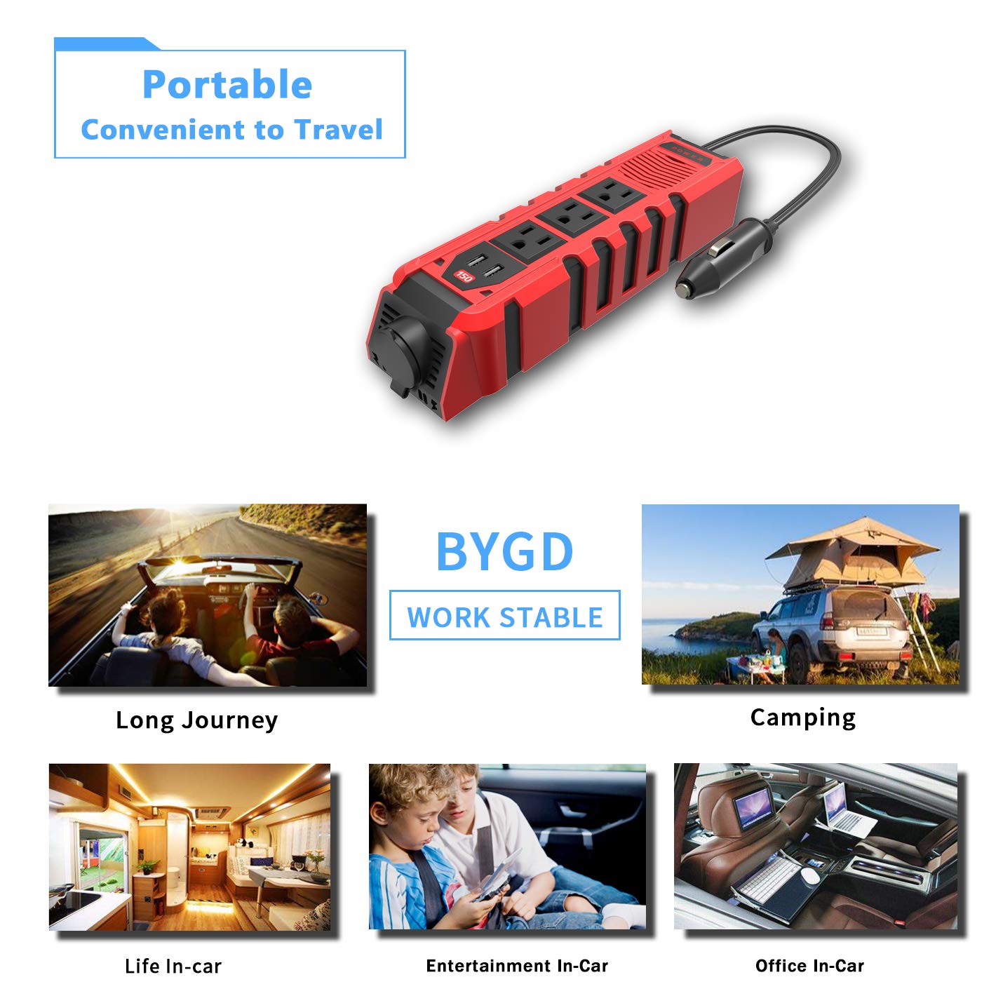 150W Car Power Inverter DC 12V to 110V AC Converter with 3 AC Outlets & 2 USB Ports (2.4A) - Cigarette Lighter Adapter for Road Trips, Camping & Charging Laptops/Devices On The Go