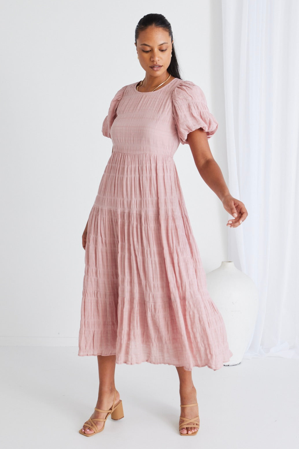 Elegant Blush Pink Shirred Cotton Bubble Sleeve Tiered Maxi Dress for Women - Perfect for Beach Vacations, Summer Weddings & Boho Chic Outfits