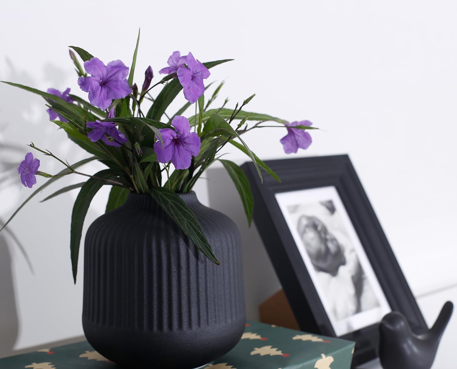 Matte Black Ceramic Flower Vase Set of 2 - 10 Inch Ribbed Nordic Style Vases for Fresh & Dried Flowers, Pampas Grass - Perfect for Home, Office & Shelf Decor - Elegant Centerpiece for Living Room, Dining Table & Wedding Arrangements