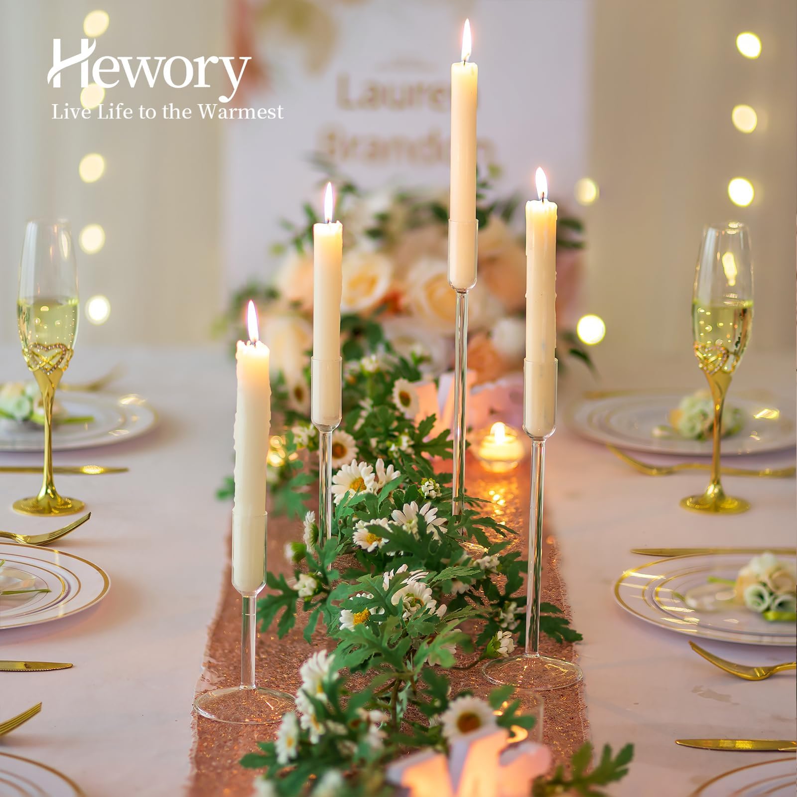 Hewory 4Pcs Clear Glass Taper Candlestick Holders - Tall Candle Holders for Dinner Table, Wedding, Christmas & Holiday Decor - Elegant Centerpiece for Home, Party & Special Occasions