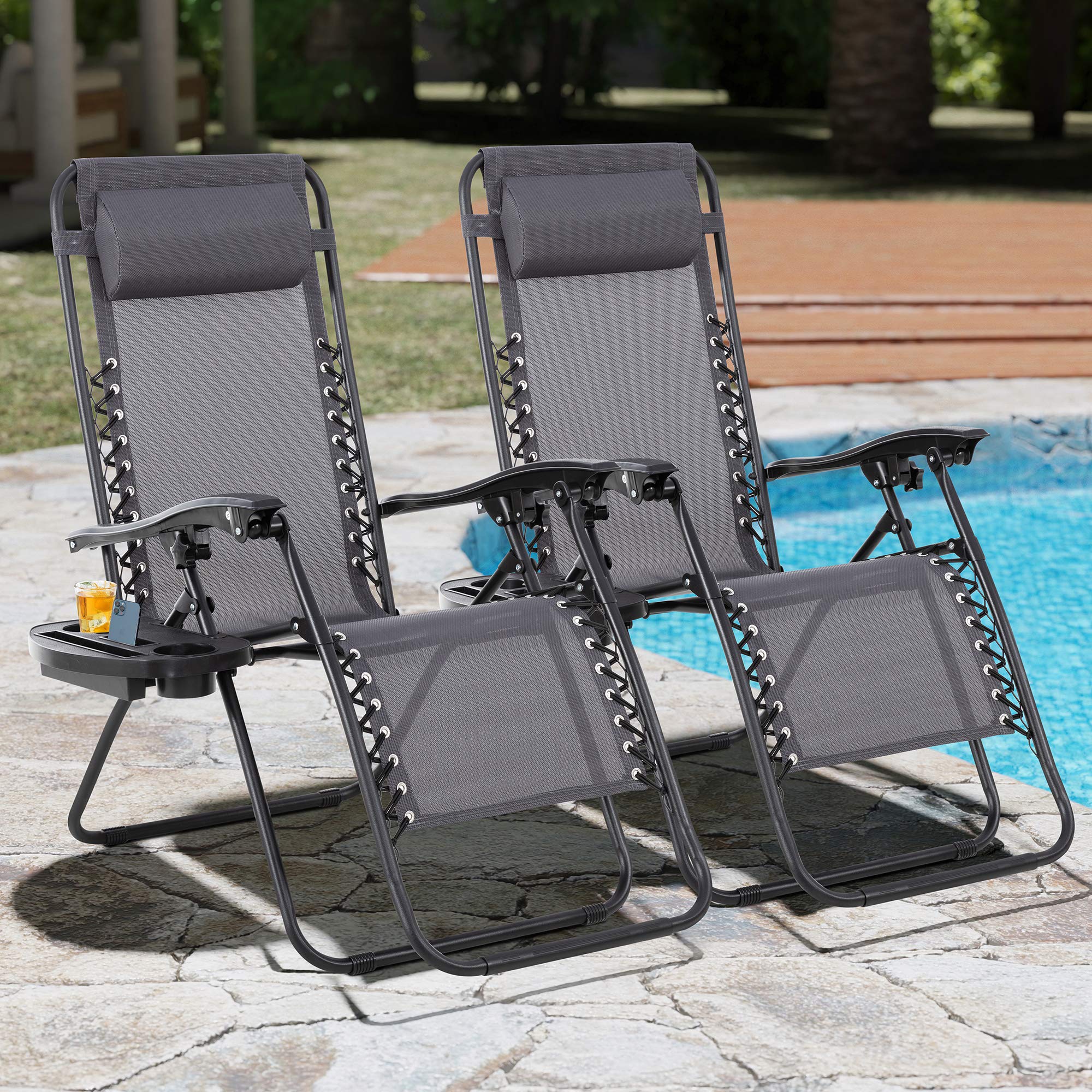 **SUNLEI Outdoor Chaise Lounge Chairs Set of 2 - Adjustable Folding Recliner for Patio, Beach, Poolside, Lawn & Deck - Portable & Durable (Grey) - Perfect for Relaxing, Sunbathing & Lounging**