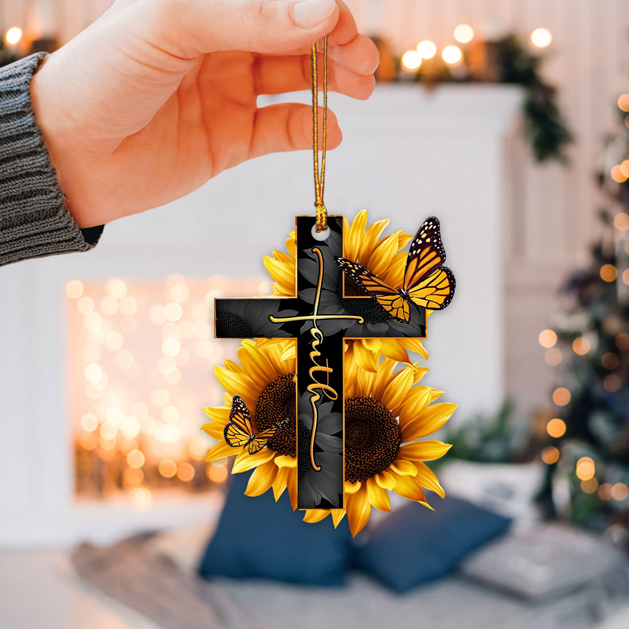 Faith Sunflower God Jesus Cross Christian Butterfly 2D Flat Car Rearview Mirror Pendant - Religious Car Accessory Decor for Christmas Tree Ornament, Interior Hanging Charm - Perfect Gift for Christian Believers & Car Enthusiasts