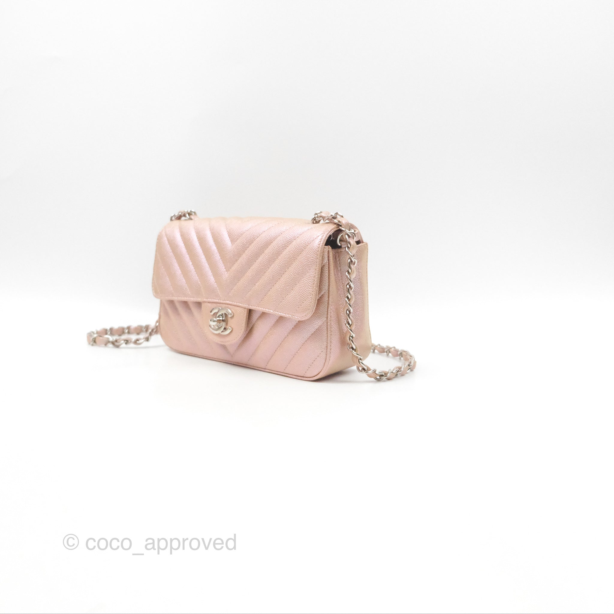 Chanel Chevron Mini Rectangular Flap Bag in Iridescent Rose Gold Caviar Leather with Ruthenium Hardware - Perfect for Evening Events & Luxury Fashion Accessories