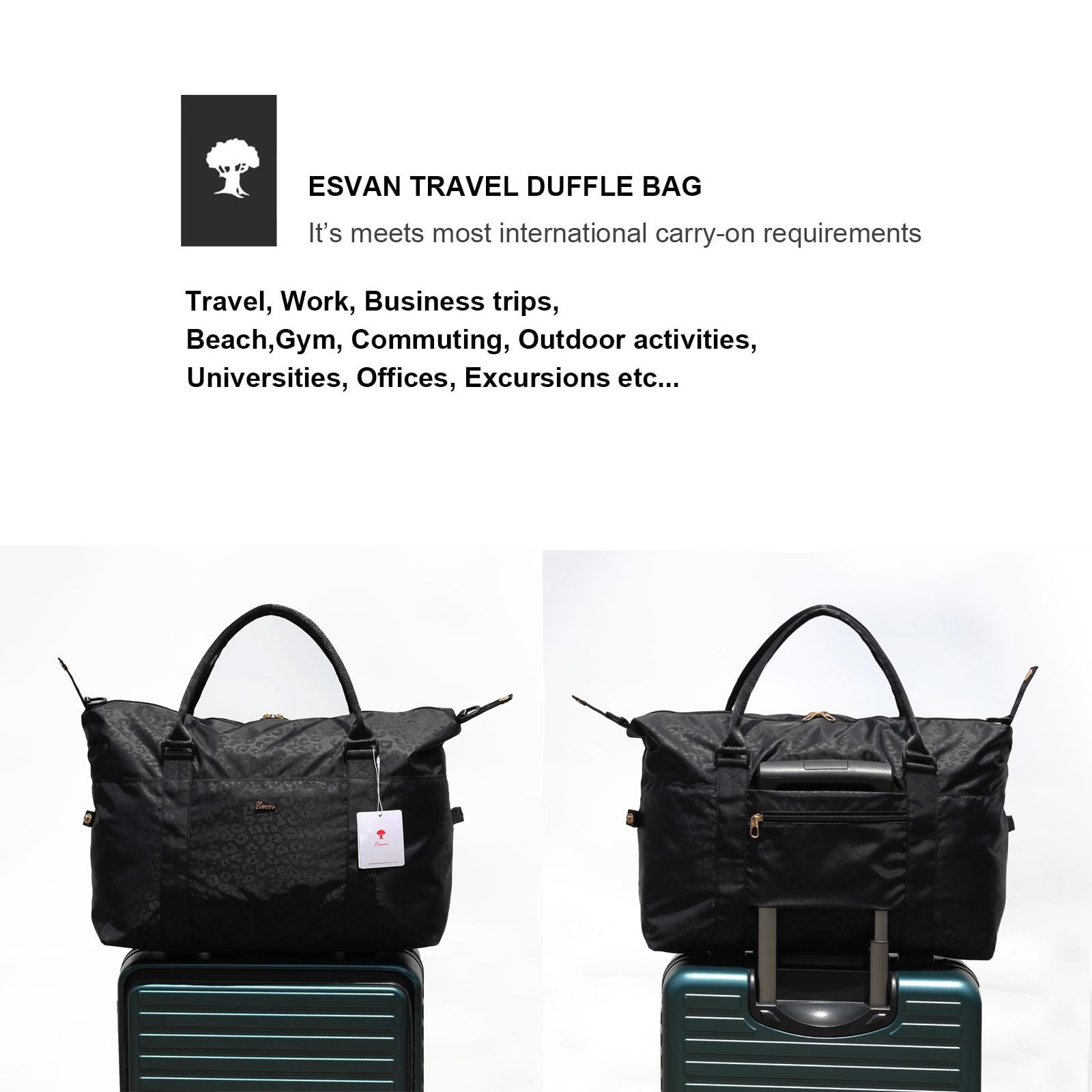 ESVAN Travel Tote Duffel Gym Bag - Waterproof Weekender Overnight Carry On Bag with Wet Pocket & Trolley Sleeve - Perfect for Gym, Travel, Workout & Weekend Getaways