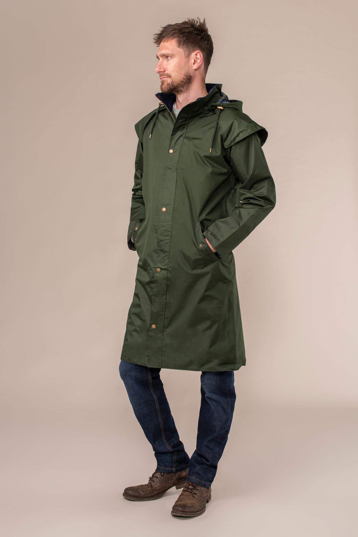 Lighthouse Men's Stockman Waterproof Raincoat - Long Lined Windproof Outdoor Jacket with Removable Hood for Hiking, Camping & Winter Weather Protection