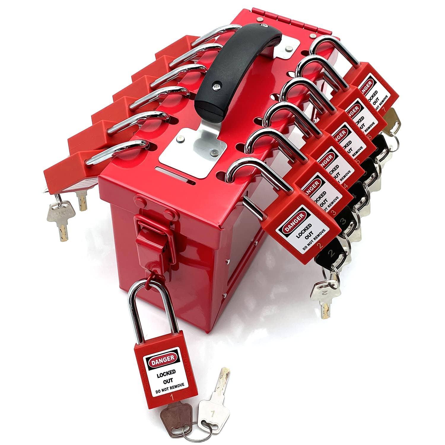SAFBY Lockout Tagout Box Kit - Portable Safety Group Padlock Box with 3 LOTO Locks | OSHA Compliant for Electrical, Industrial & Warehouse Safety