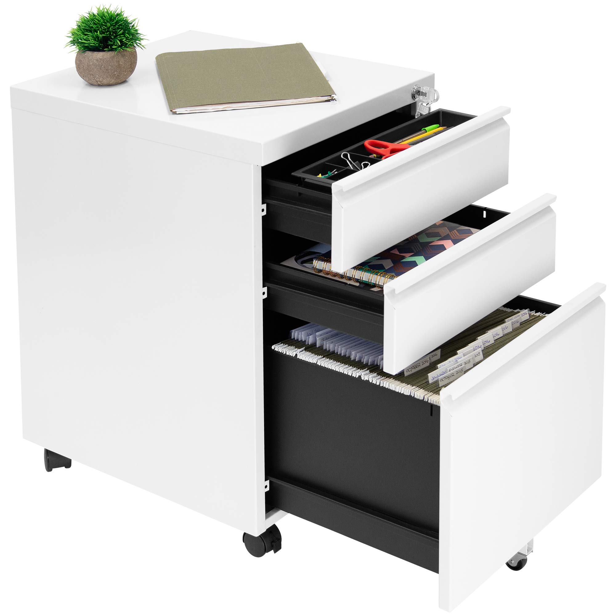 Mount-It! 3-Drawer Rolling File Cabinet with Lock - Under Desk Mobile Storage Organizer for Office Supplies, Documents & Materials - Space Saving Solution for Home & Office Workspaces (White) - Perfect for Small Spaces & Clutter-Free Organization