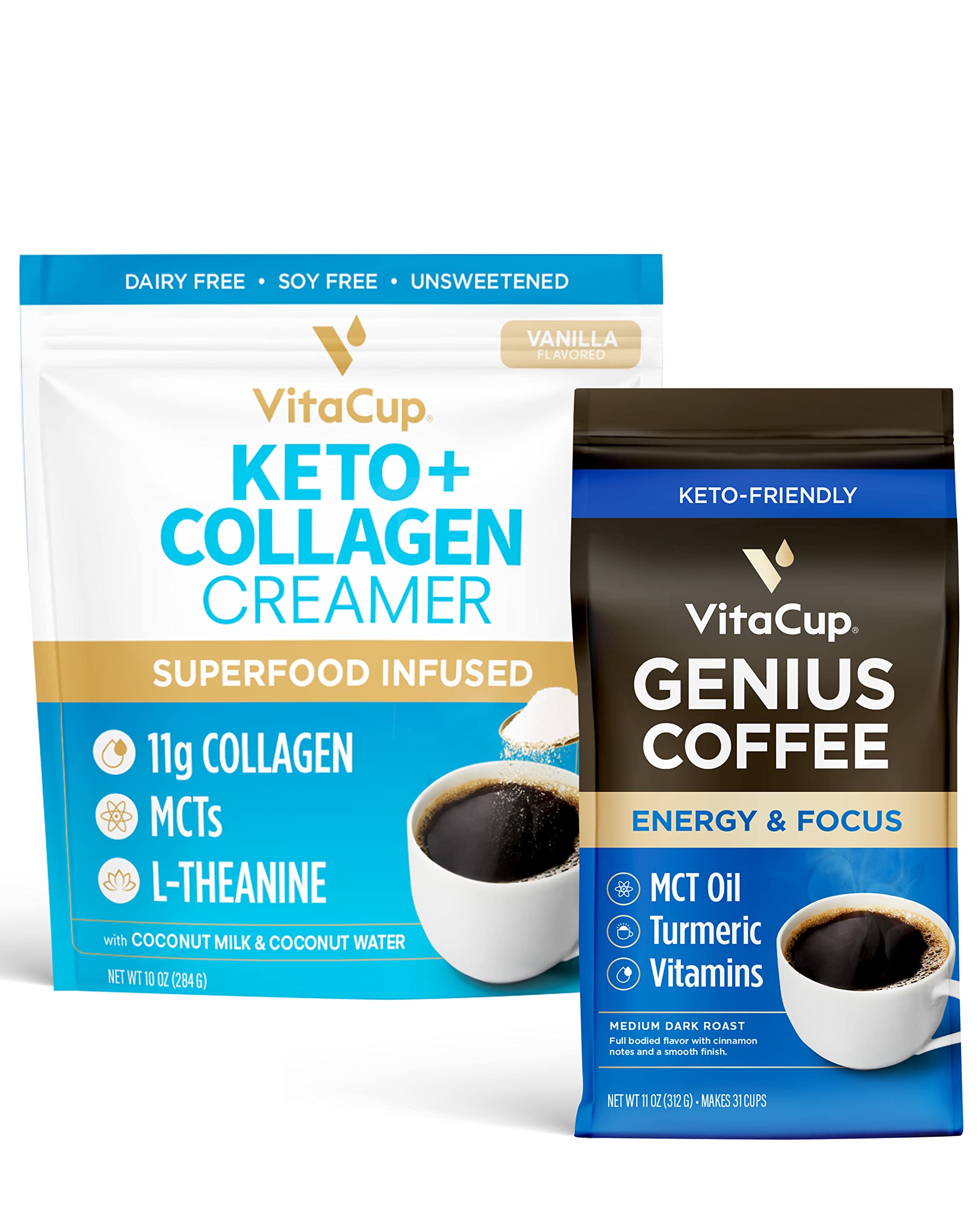 Vitacup Genius Ground Coffee & Keto + Collagen Vanilla Coffee Creamer Bundle - 11oz Ground Coffee & 10oz Creamer Powder - Supports Keto Diet, Boosts Energy & Focus - Perfect for Morning Routine, Office Work & Healthy Lifestyle