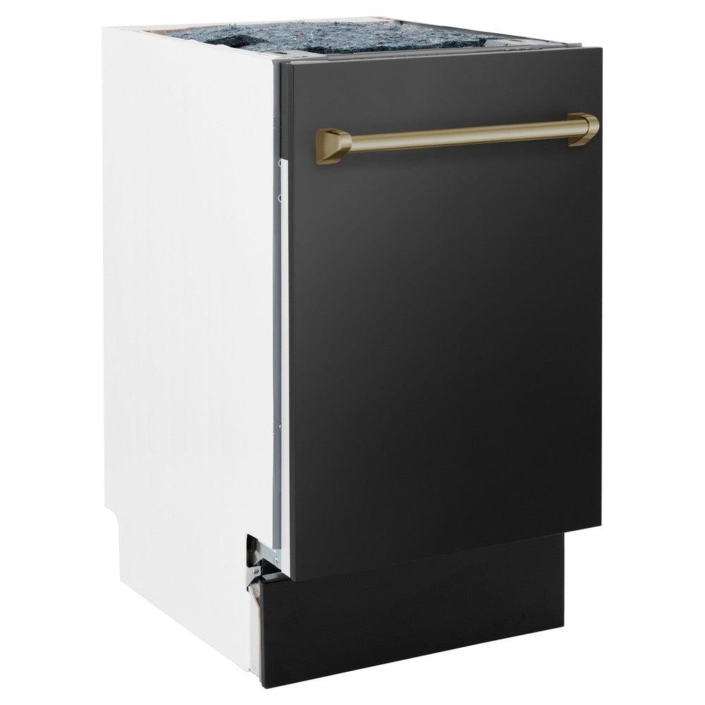 ZLINE Autograph Edition 18-Inch Compact Dishwasher with 3rd Rack - Black Stainless Steel & Champagne Bronze Handle, 51dBA (DWVZ BS 18 CB) | Space-Saving Solution for Small Kitchens, Apartments & RVs