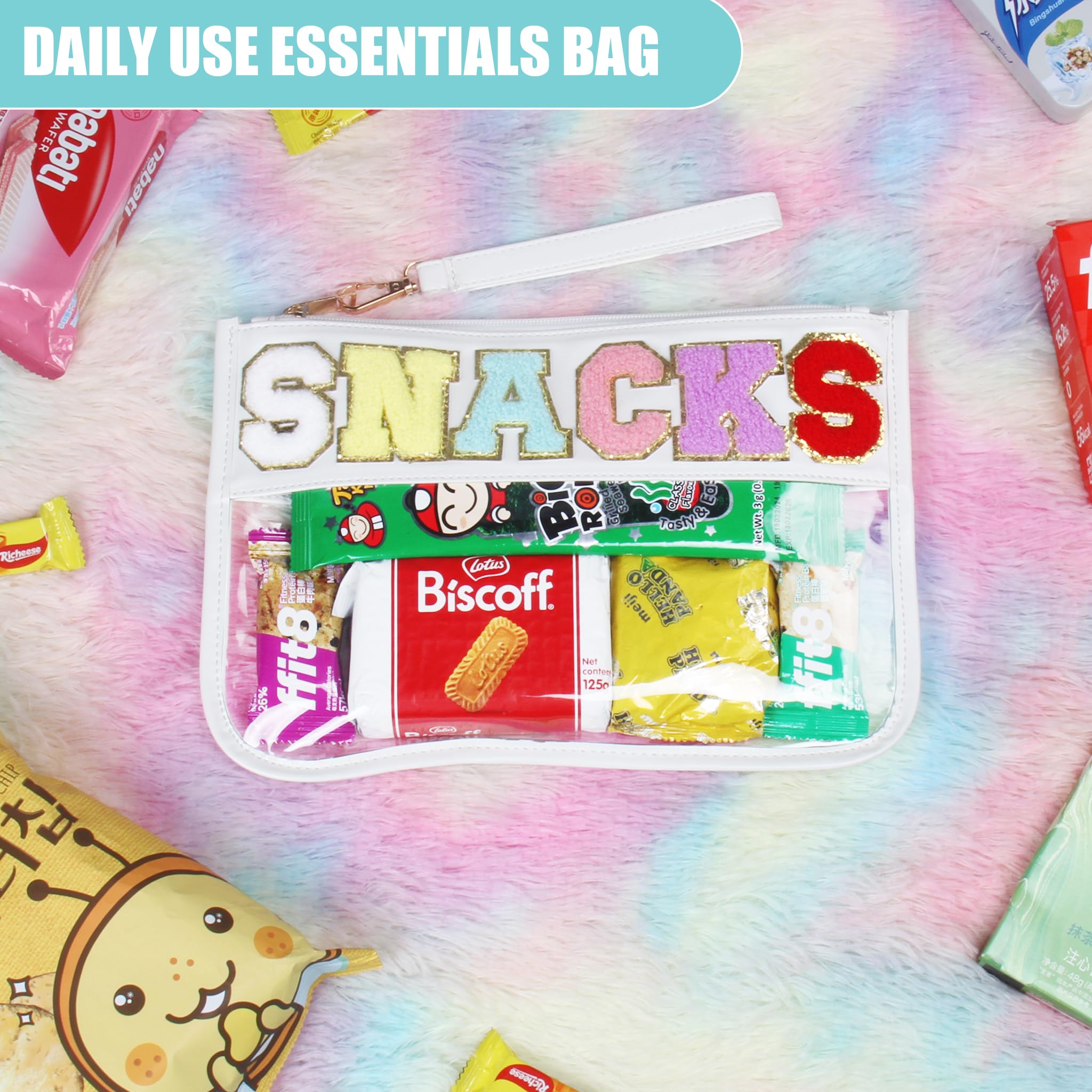 Clear Zippered Snack Bag for Travel - Waterproof PVC & PU Cosmetic Pouch with Varsity Chenille Letter Patch | Preppy Makeup & Toiletry Organizer for Women & Girls (White) - Perfect for School, Gym, Beach & Daily Essentials Storage