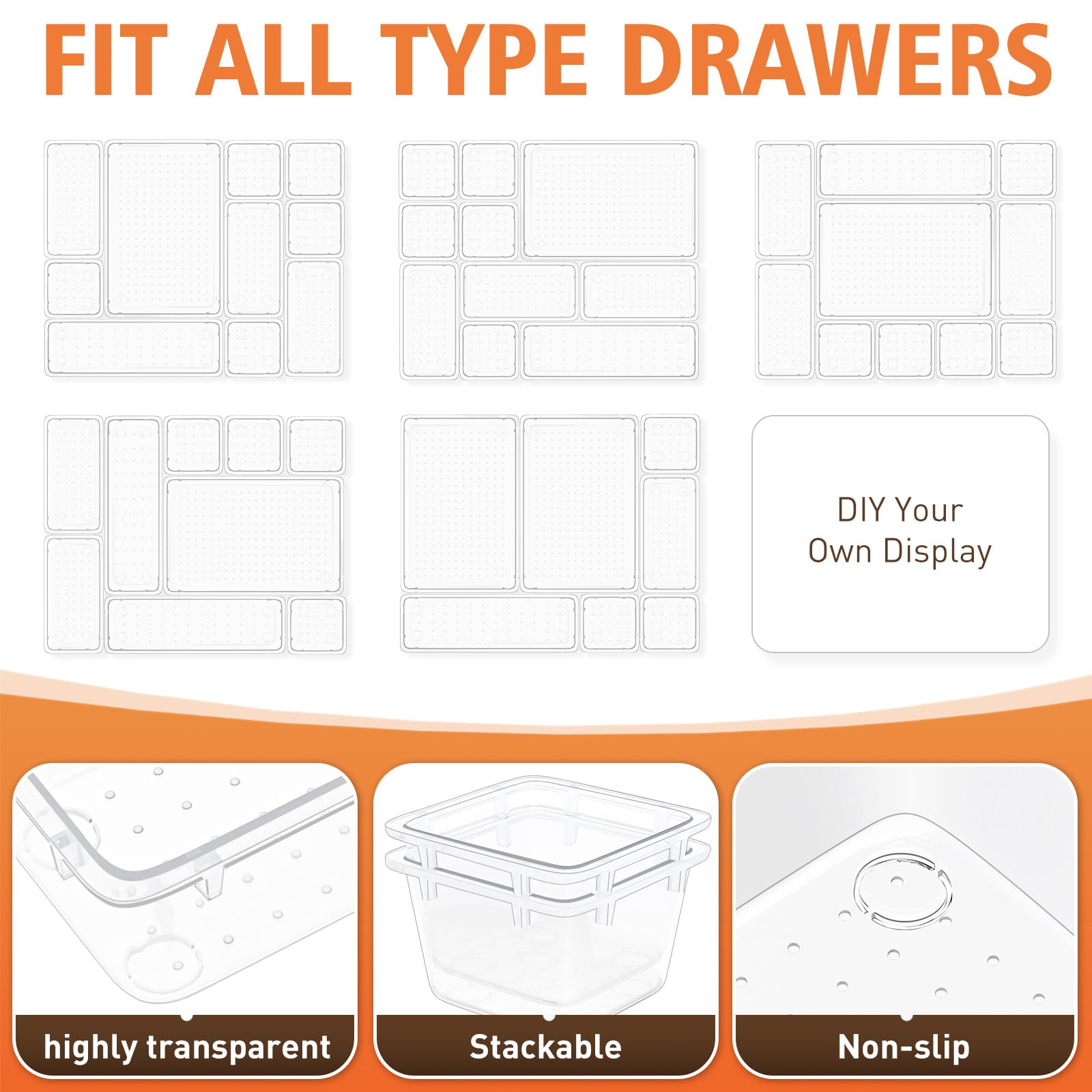 45-Piece Clear Plastic Drawer Organizer Set - 4-Size Versatile Storage Trays for Bathroom, Vanity, Makeup, Kitchen & Office | Space-Saving Drawer Dividers for Cosmetics, Utensils, Gadgets & Small Items | Perfect for Home, Bedroom & Workspace Organization