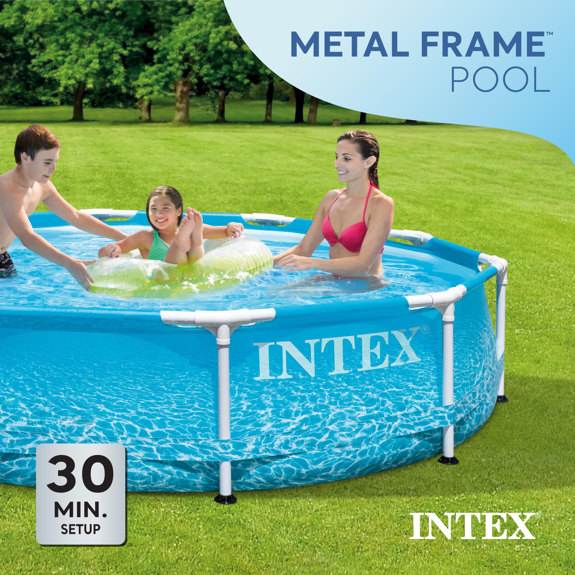 Intex 28206EH 10ft x 30in Large Round Above Ground Swimming Pool with Reinforced Sidewalls & Metal Frame - Durable Backyard Outdoor Pool for Family Fun, Summer Parties & Kids Water Play