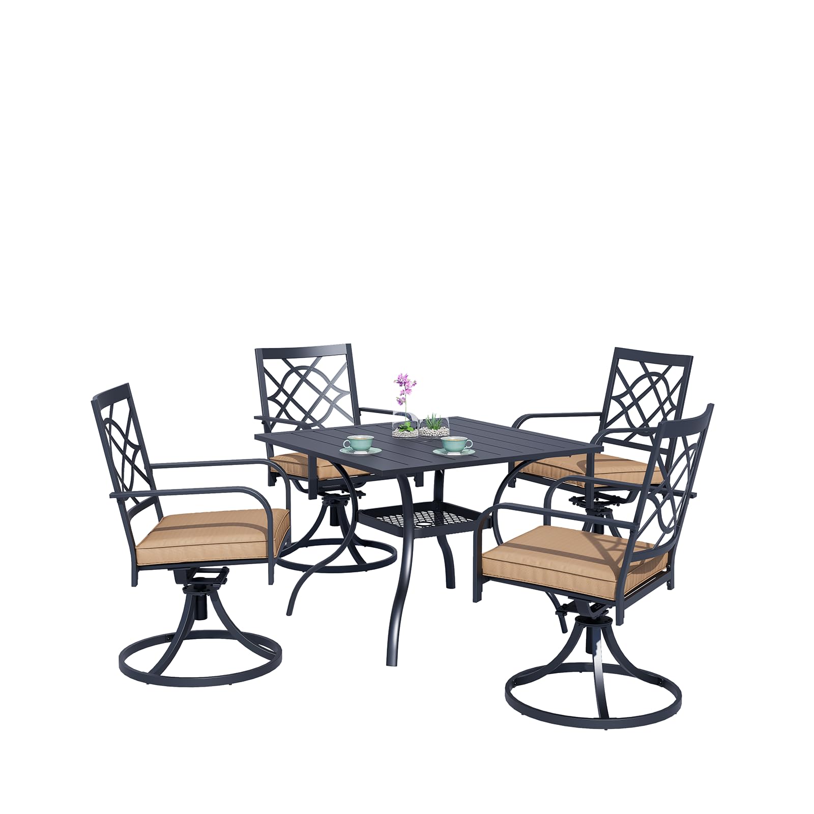 Oakcloud 5-Piece Metal Outdoor Patio Dining Set - 4 Swivel Chairs & Square Table with Umbrella Hole - Perfect for Backyard, Garden, Poolside & Outdoor Entertaining