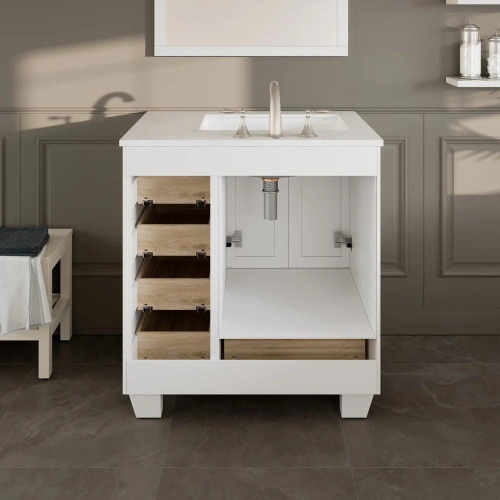 Eviva Acclaim 30 Inch Bathroom Vanity with Carrara Quartz Countertop - Modern White Bathroom Sink Cabinet for Small Spaces, Perfect for Powder Rooms and Guest Bathrooms
