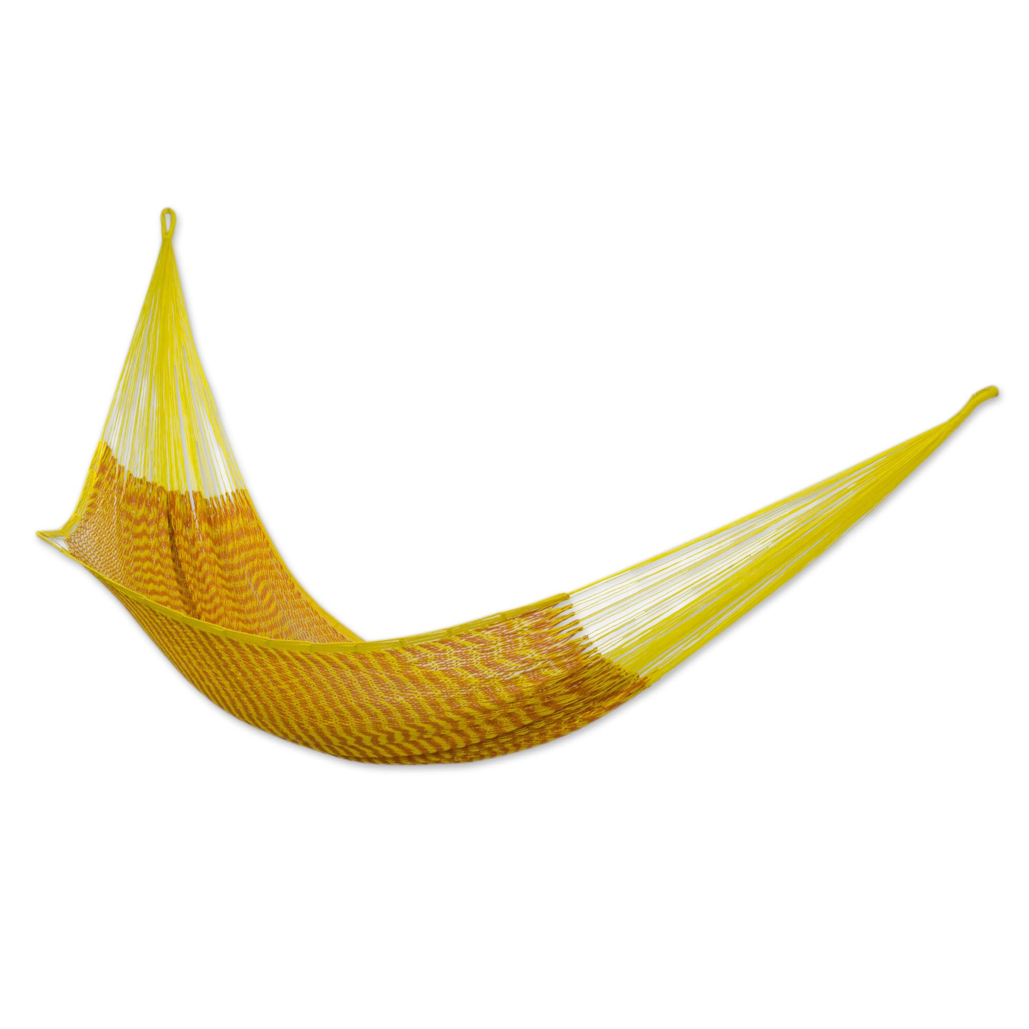 NOVICA Hand Woven Cotton Mayan Double Hammock - XL Size for 2 Persons, Bright Saffron Sun Yellow & Orange - Perfect for Backyard Relaxation & Beach Lounging